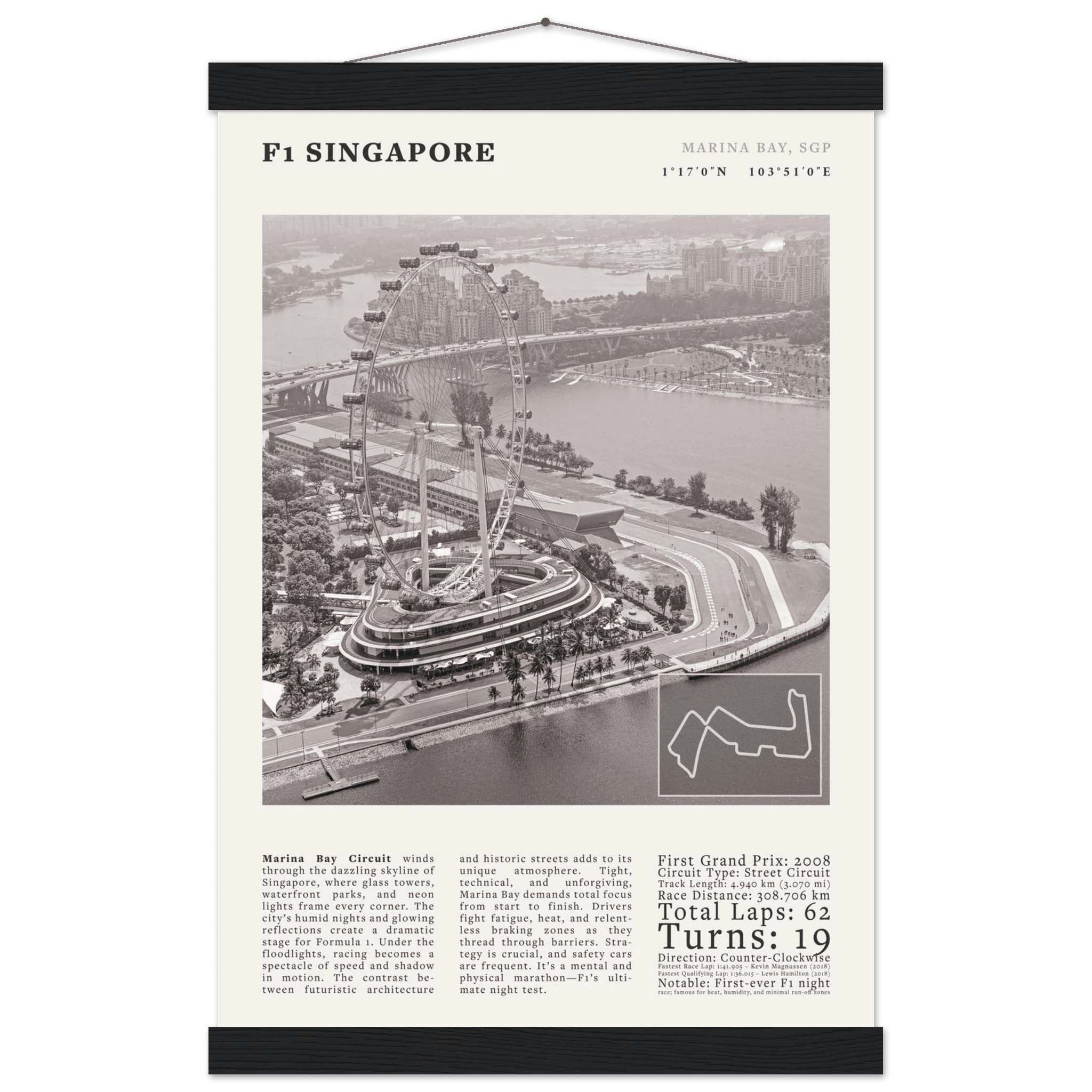 F1 Singapore Poster Black and White – Vintage Marina Bay Night Race Print (Digital & Printed Options) - Evergreen Posters