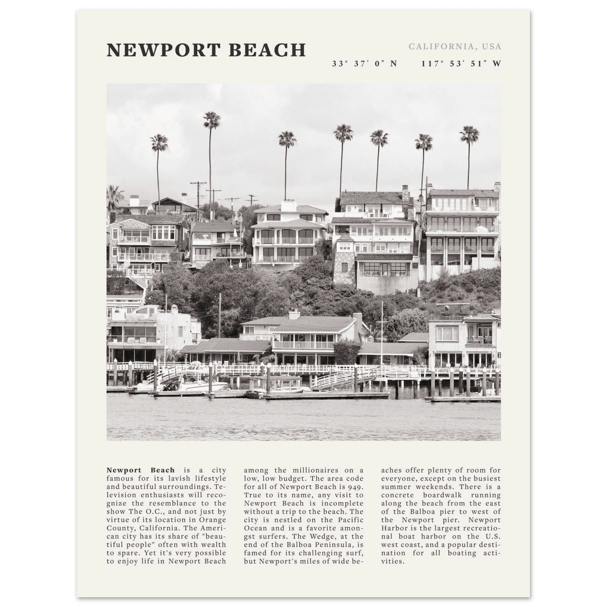 Newport Beach Poster | Black & White California Harbor Wall Art | Coastal Print - Evergreen Posters