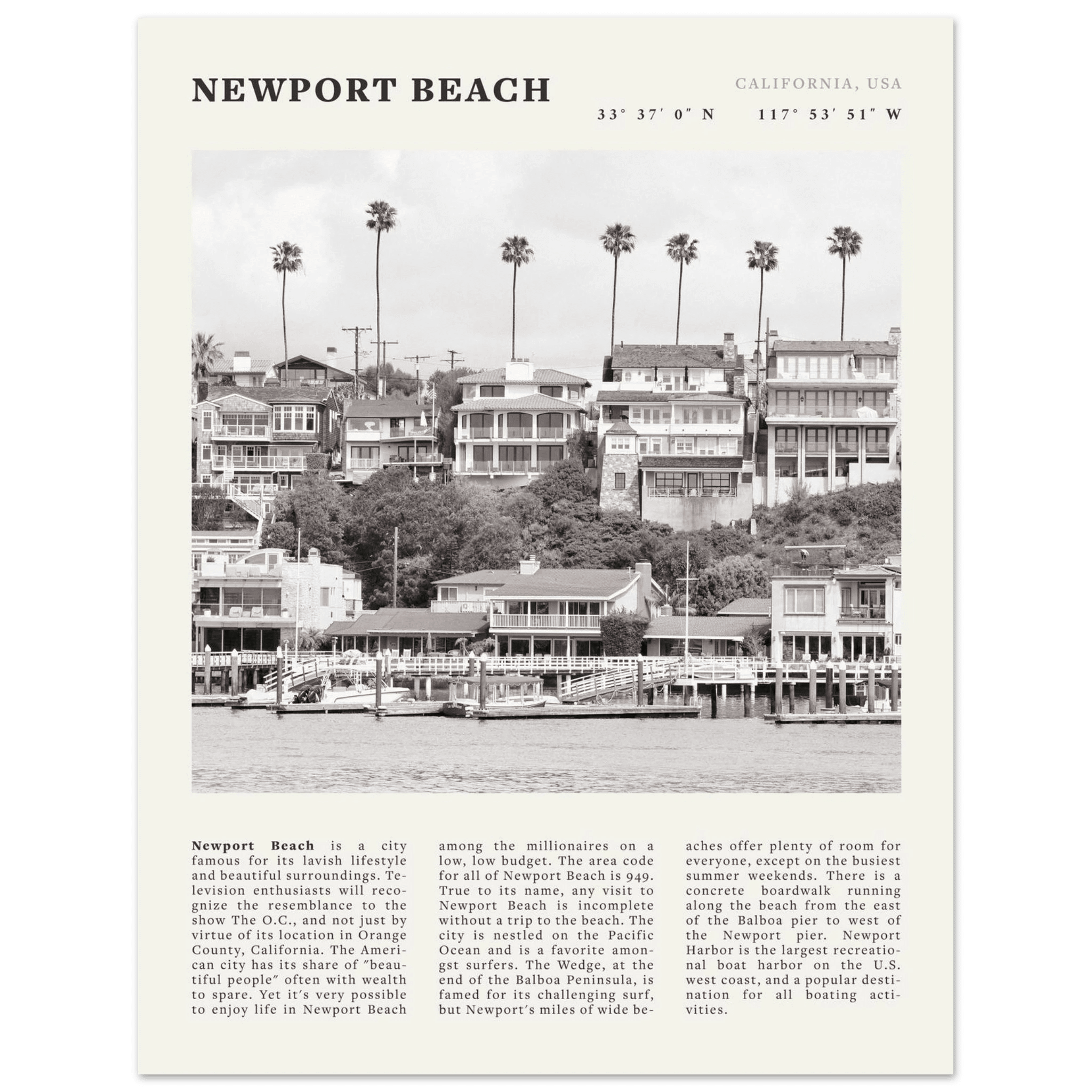 Newport Beach Poster | Black & White California Harbor Wall Art | Coastal Print - Evergreen Posters