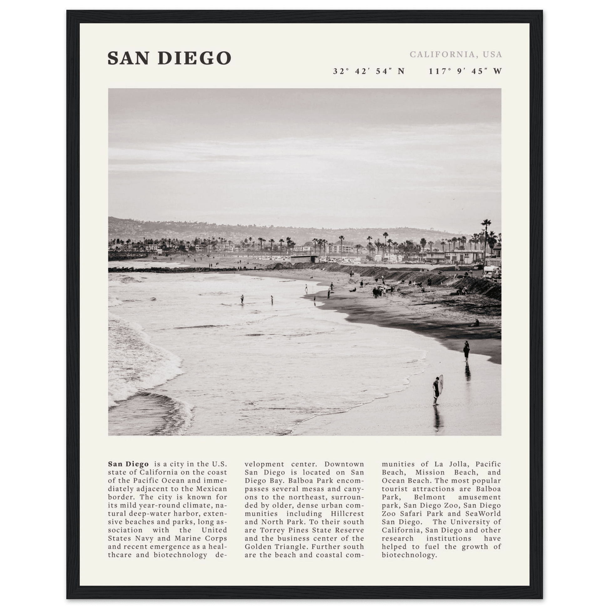 San Diego Poster | Black & White California Beach Wall Art | Coastal Travel Print Decor - Evergreen Posters