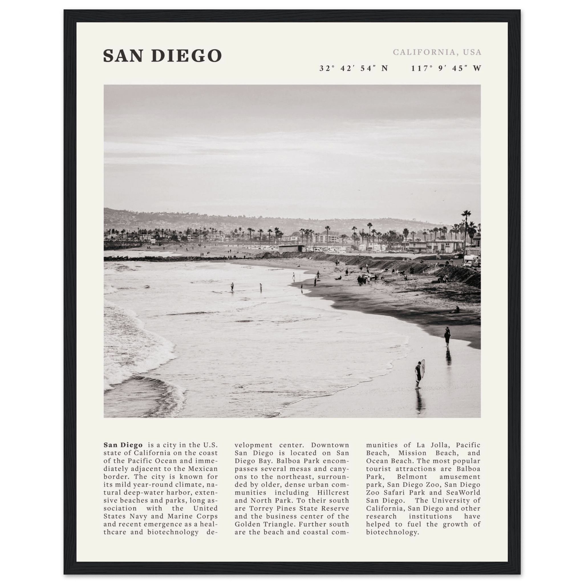 San Diego Poster | Black & White California Beach Wall Art | Coastal Travel Print Decor - Evergreen Posters