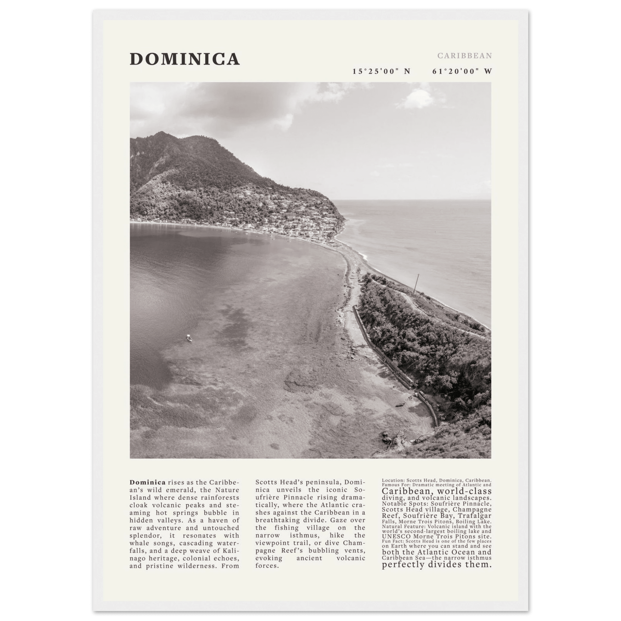 Dominica Poster Black and White – Vintage Caribbean Rainforest Island Print (Digital & Printed Options) - Evergreen Posters