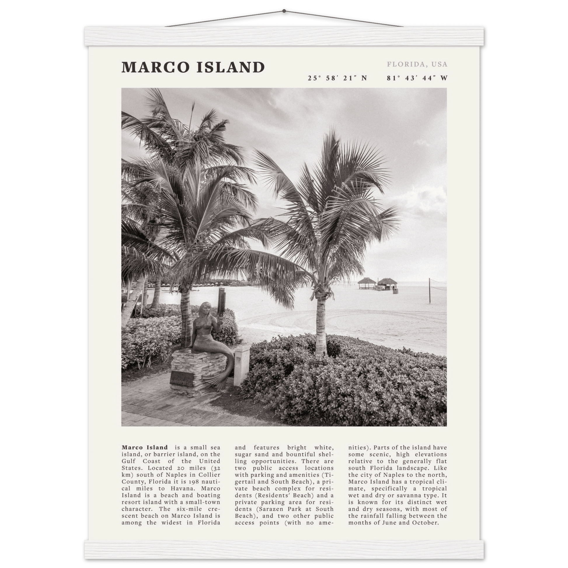 Marco Island Poster | Black & White Florida Beach Wall Art | Coastal Travel Print - Evergreen Posters