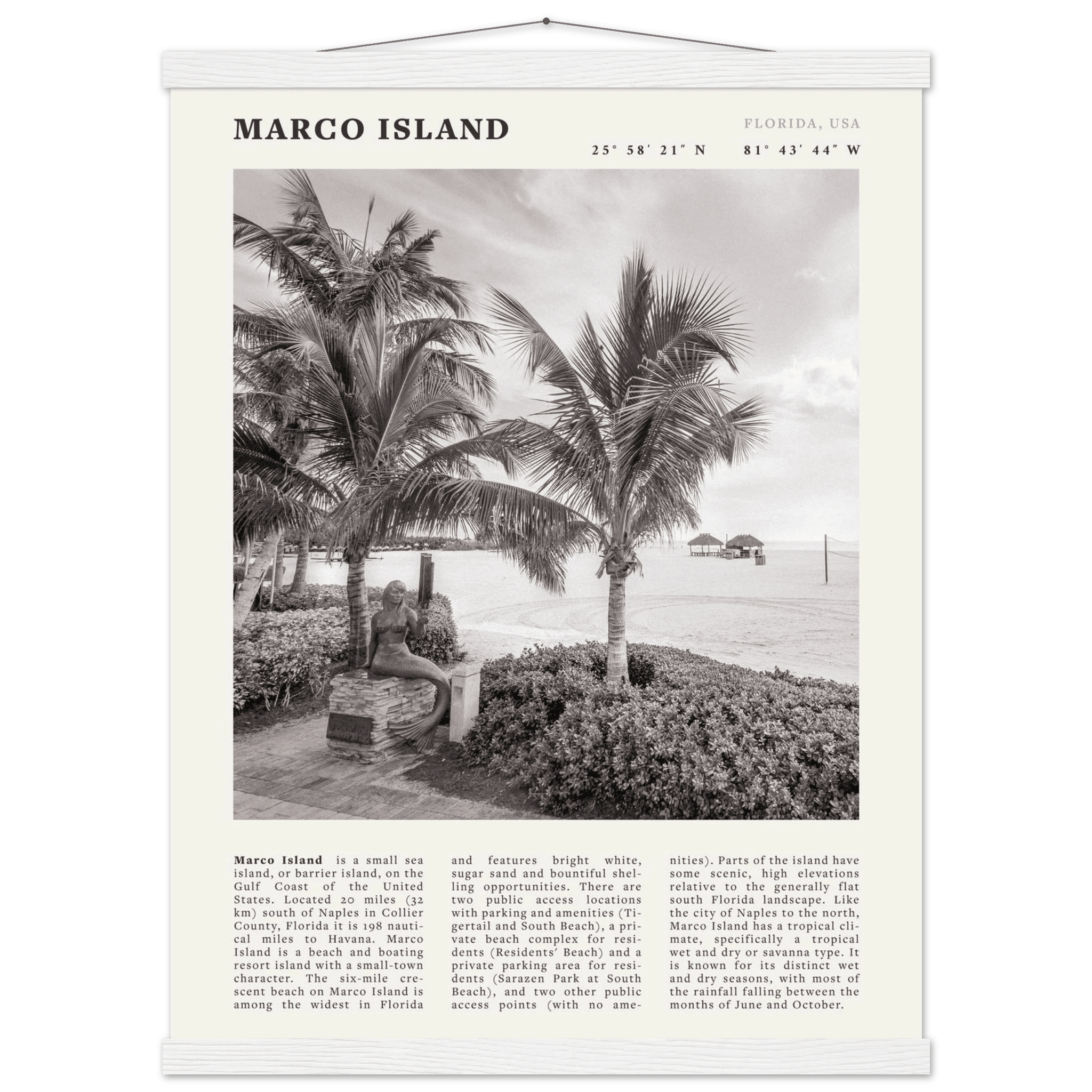 Marco Island Poster | Black & White Florida Beach Wall Art | Coastal Travel Print - Evergreen Posters