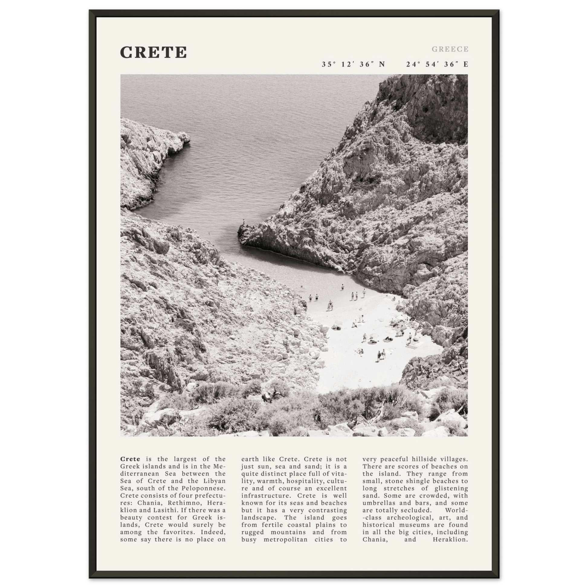 Crete Poster | Black & White Greece Beach Wall Art | Mediterranean Travel Print - Evergreen Posters