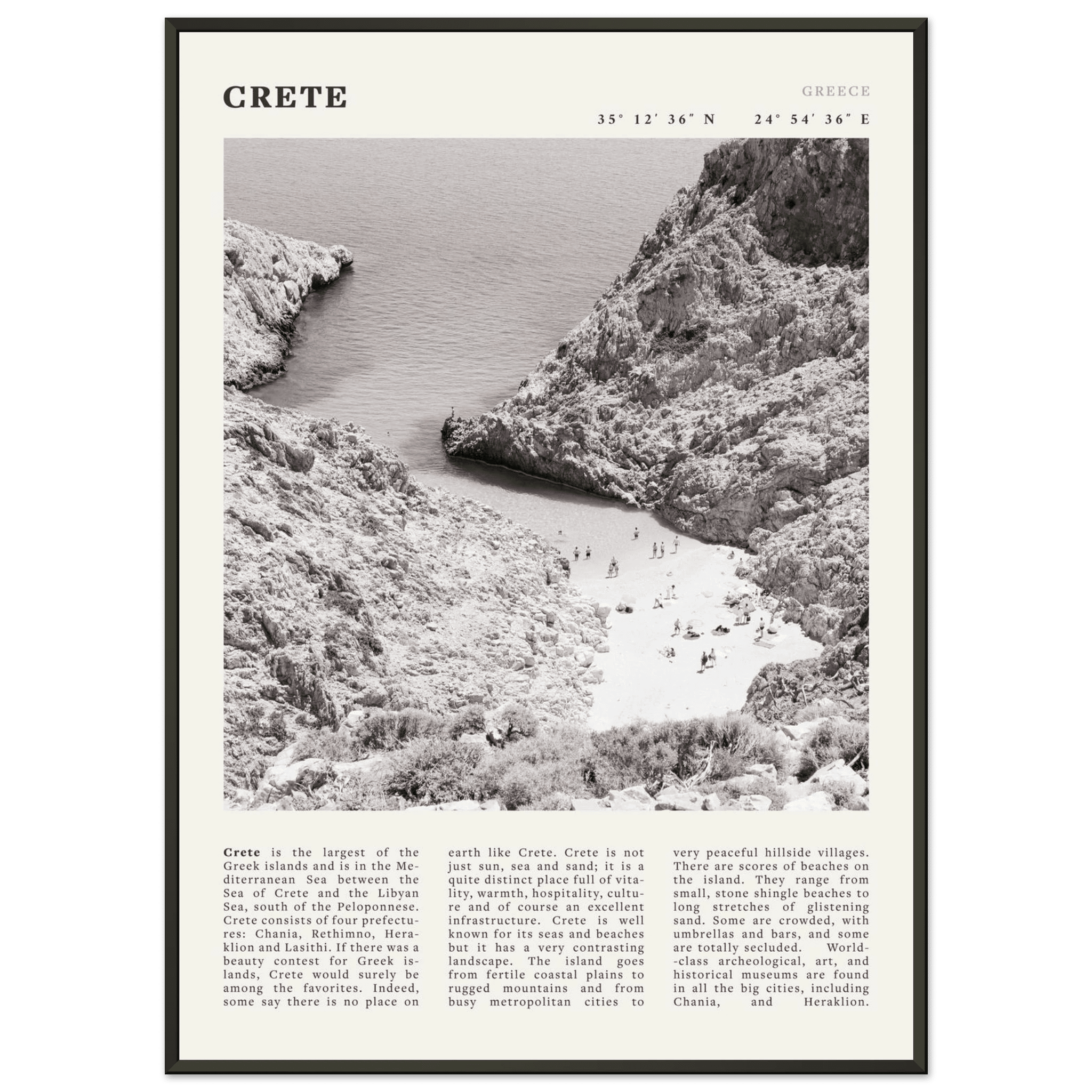 Crete Poster | Black & White Greece Beach Wall Art | Mediterranean Travel Print - Evergreen Posters