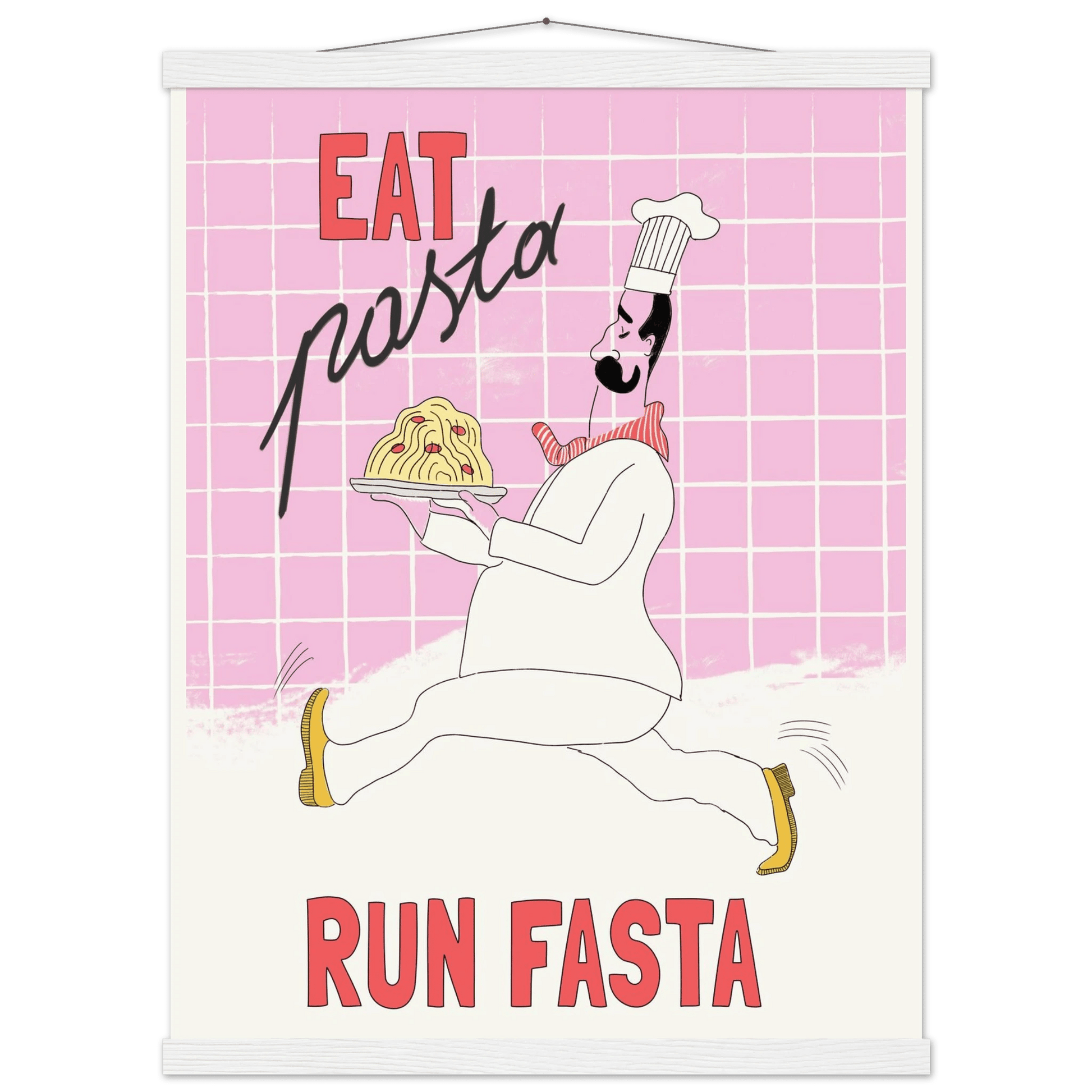 Eat Pasta Run Fasta Poster – Playful Kitchen Wall Art Print (Light Pink) - Evergreen Posters