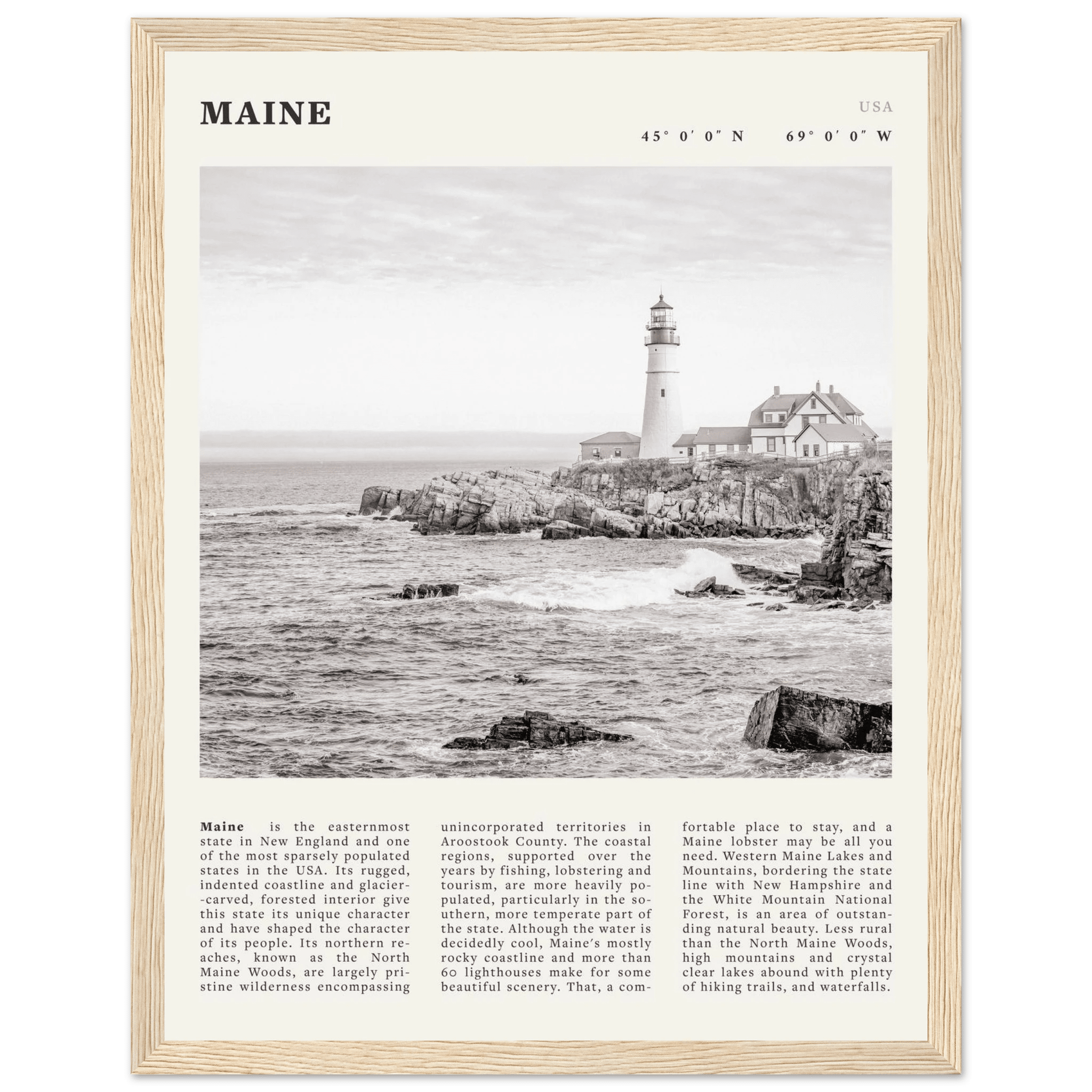 Maine Poster | Black & White Lighthouse Wall Art | New England Coastal Travel Print - Evergreen Posters