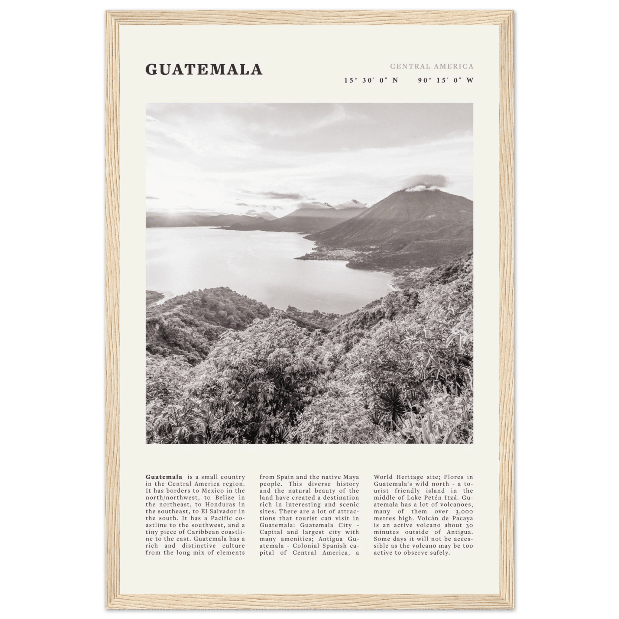 Guatemala Poster | Black & White Lake Atitlan Wall Art | Central America Travel Print - Evergreen Posters