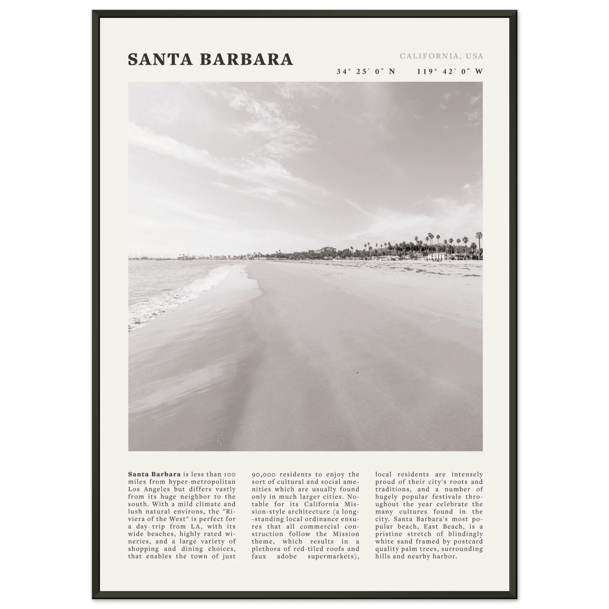 Santa Barbara Poster | Black & White California Beach Wall Art | CA Travel Print - Evergreen Posters