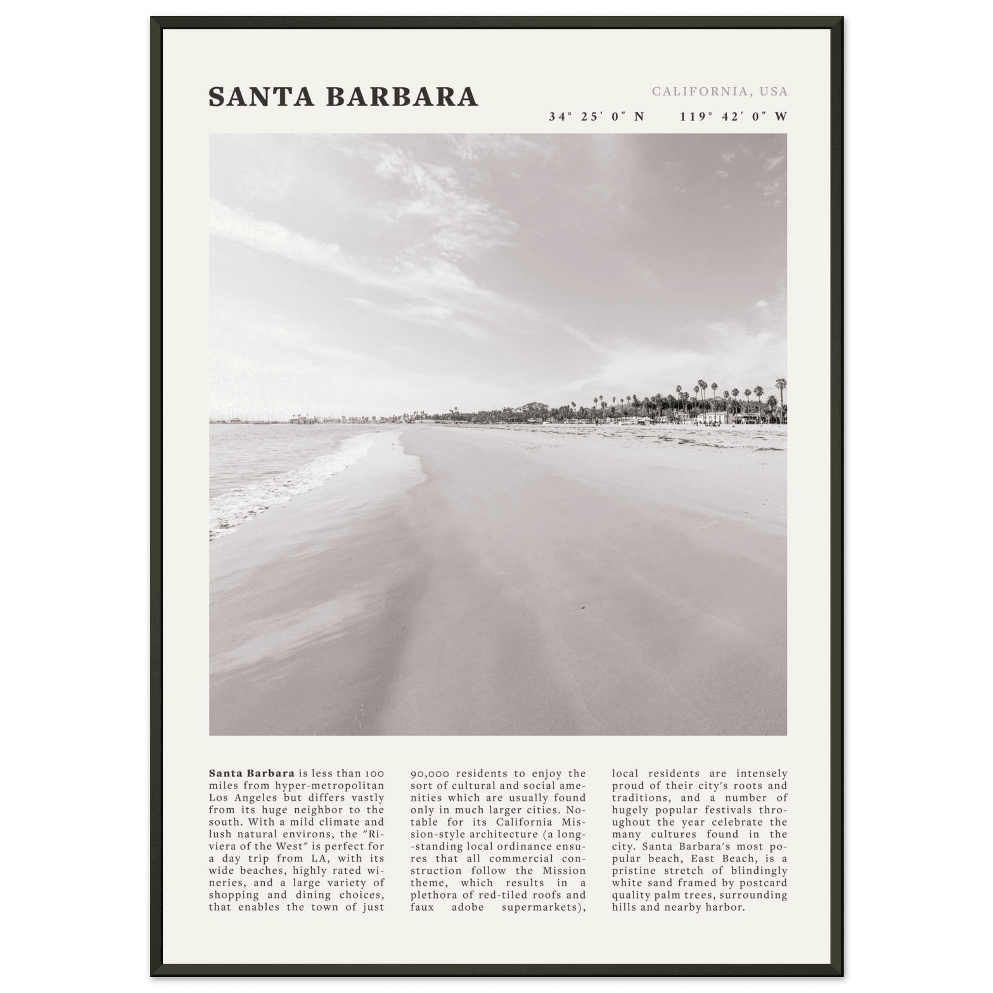 Santa Barbara Poster | Black & White California Beach Wall Art | CA Travel Print - Evergreen Posters