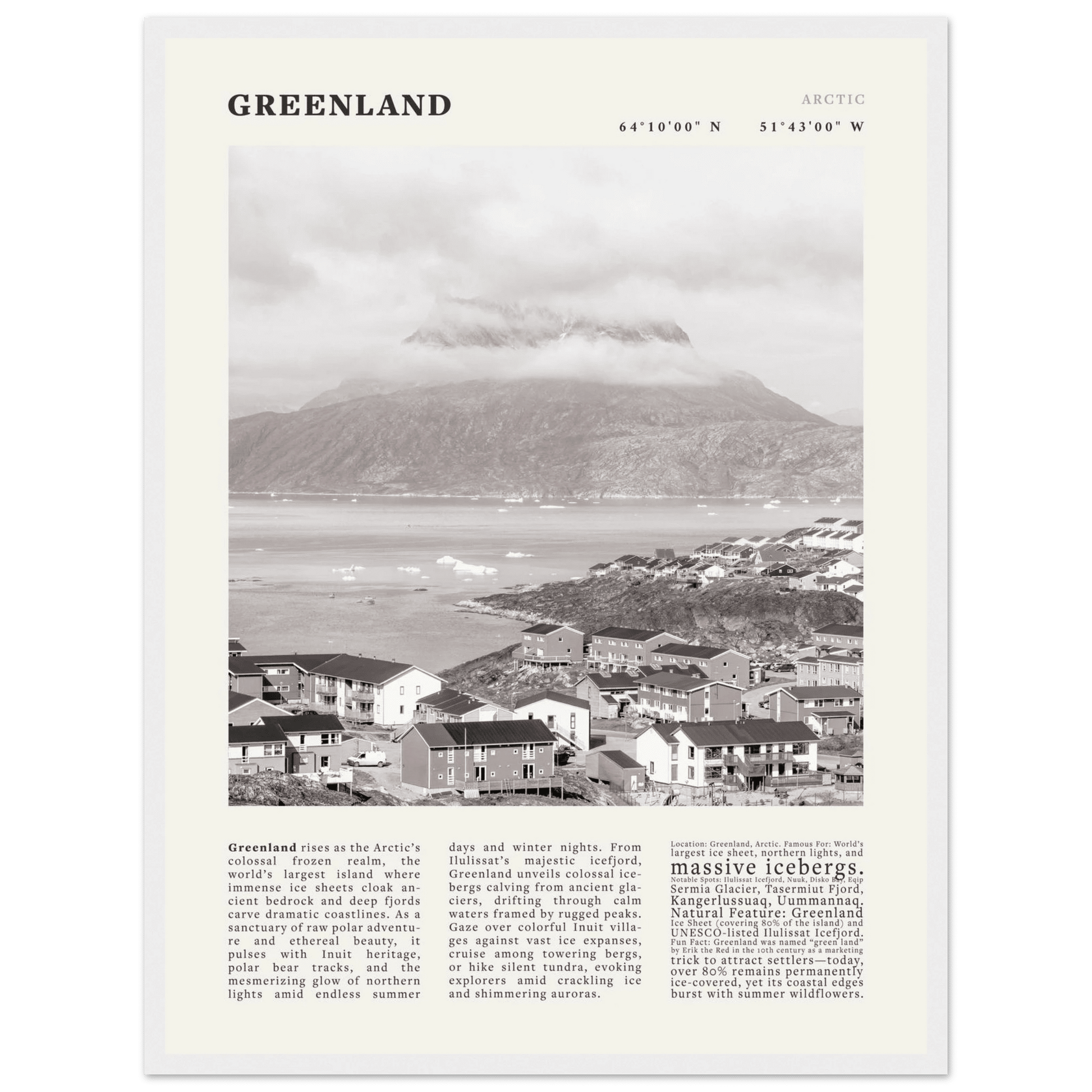 Greenland Poster Black and White – Vintage Arctic Fjord Landscape Print (Digital & Printed Options) - Evergreen Posters