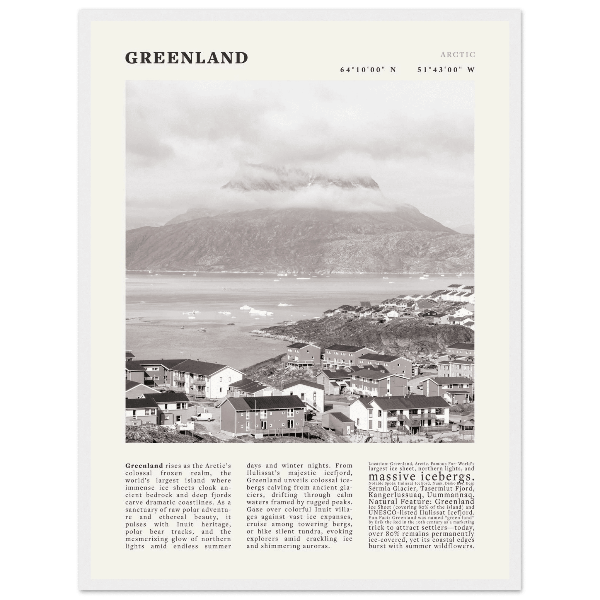 Greenland Poster Black and White – Vintage Arctic Fjord Landscape Print (Digital & Printed Options) - Evergreen Posters