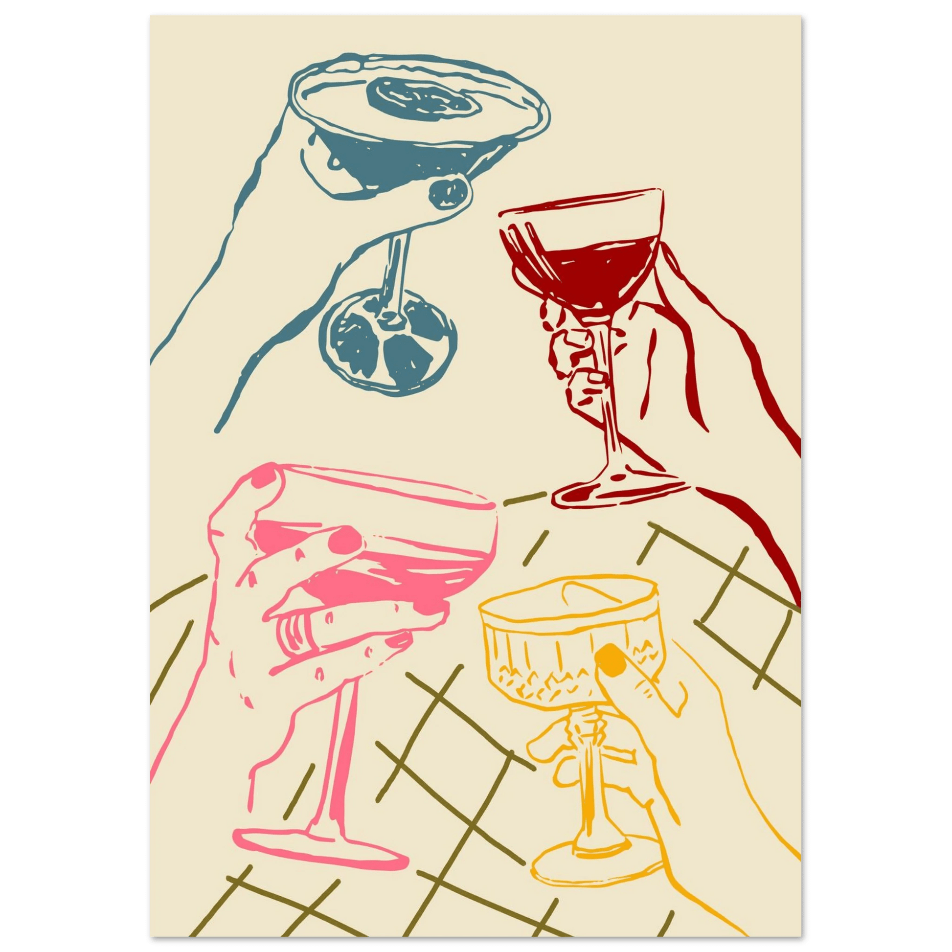 Cheers Print | Colourful Cocktail Glasses Wall Art | Kitchen Bar Poster - Evergreen Posters