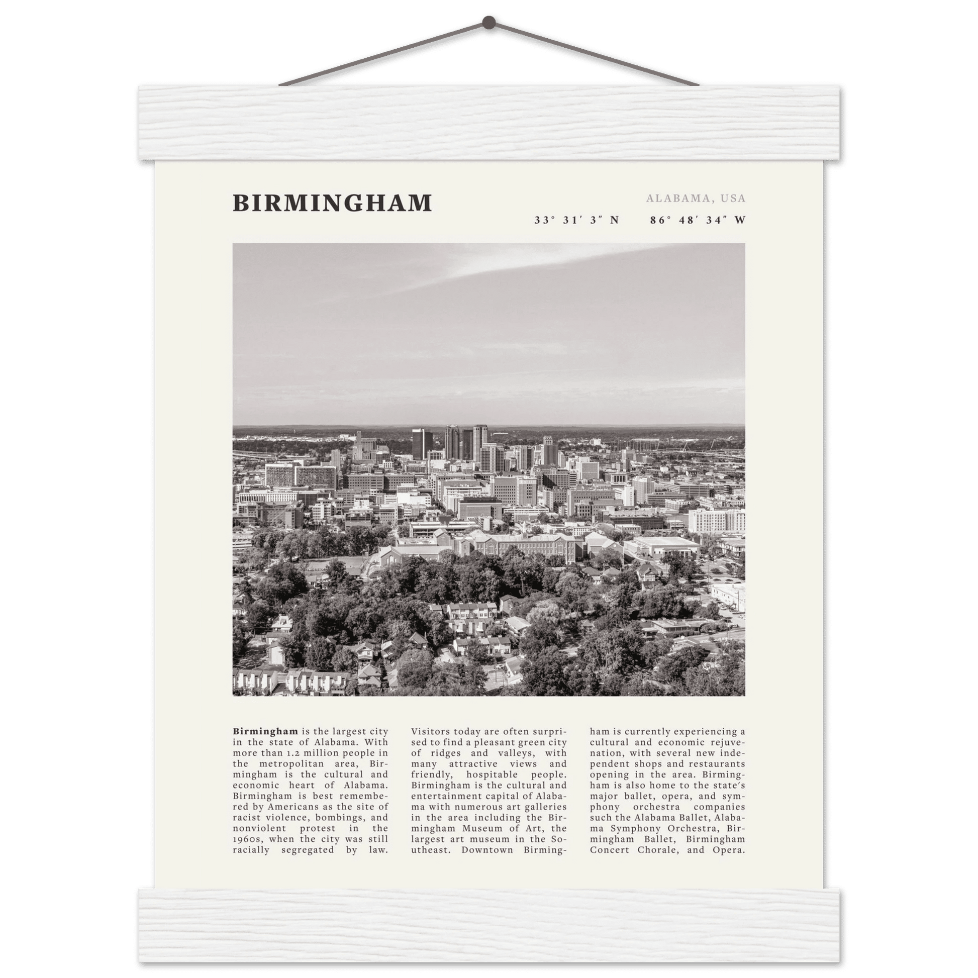Birmingham Poster | Black & White Alabama Skyline Wall Art | AL Travel Print - Evergreen Posters