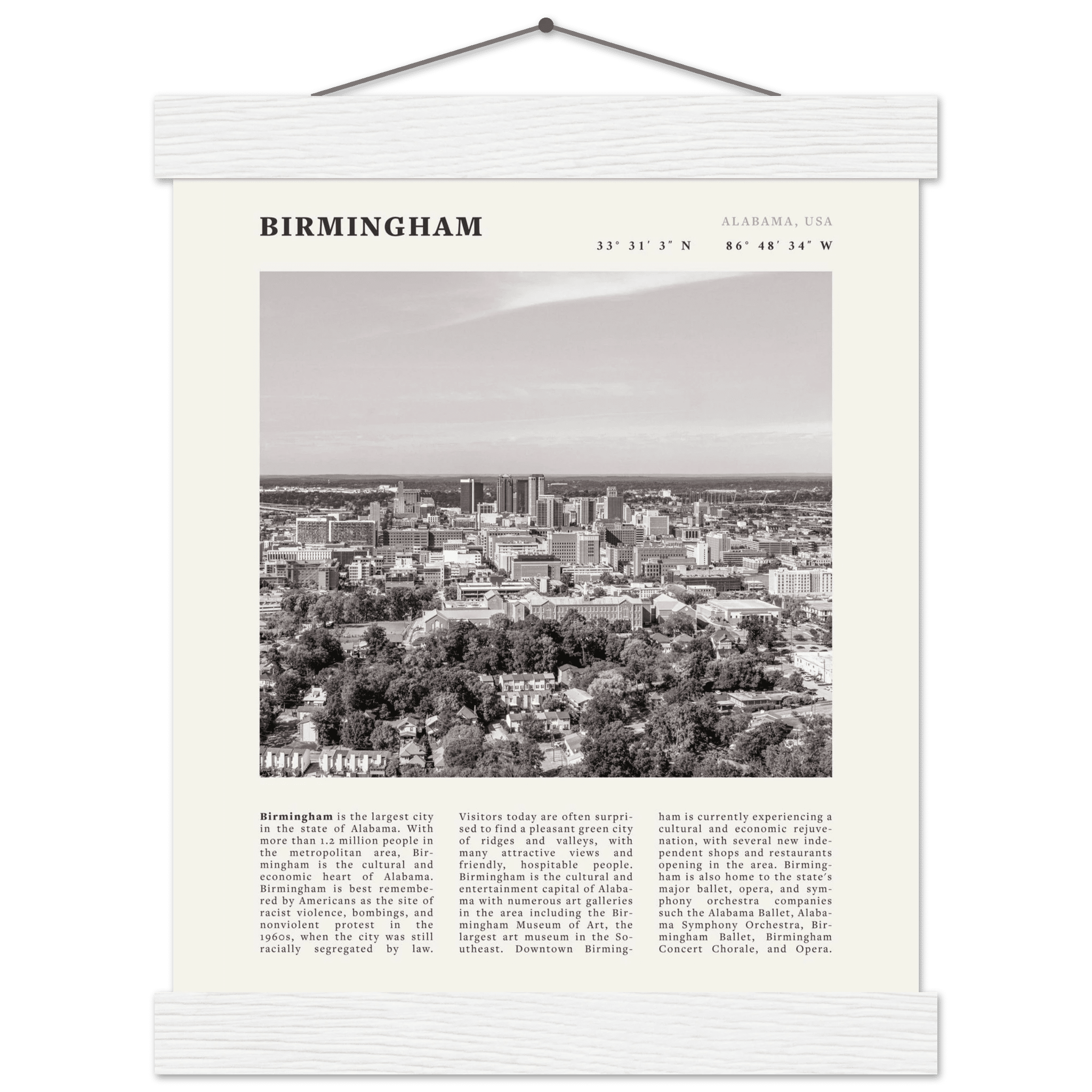 Birmingham Poster | Black & White Alabama Skyline Wall Art | AL Travel Print - Evergreen Posters