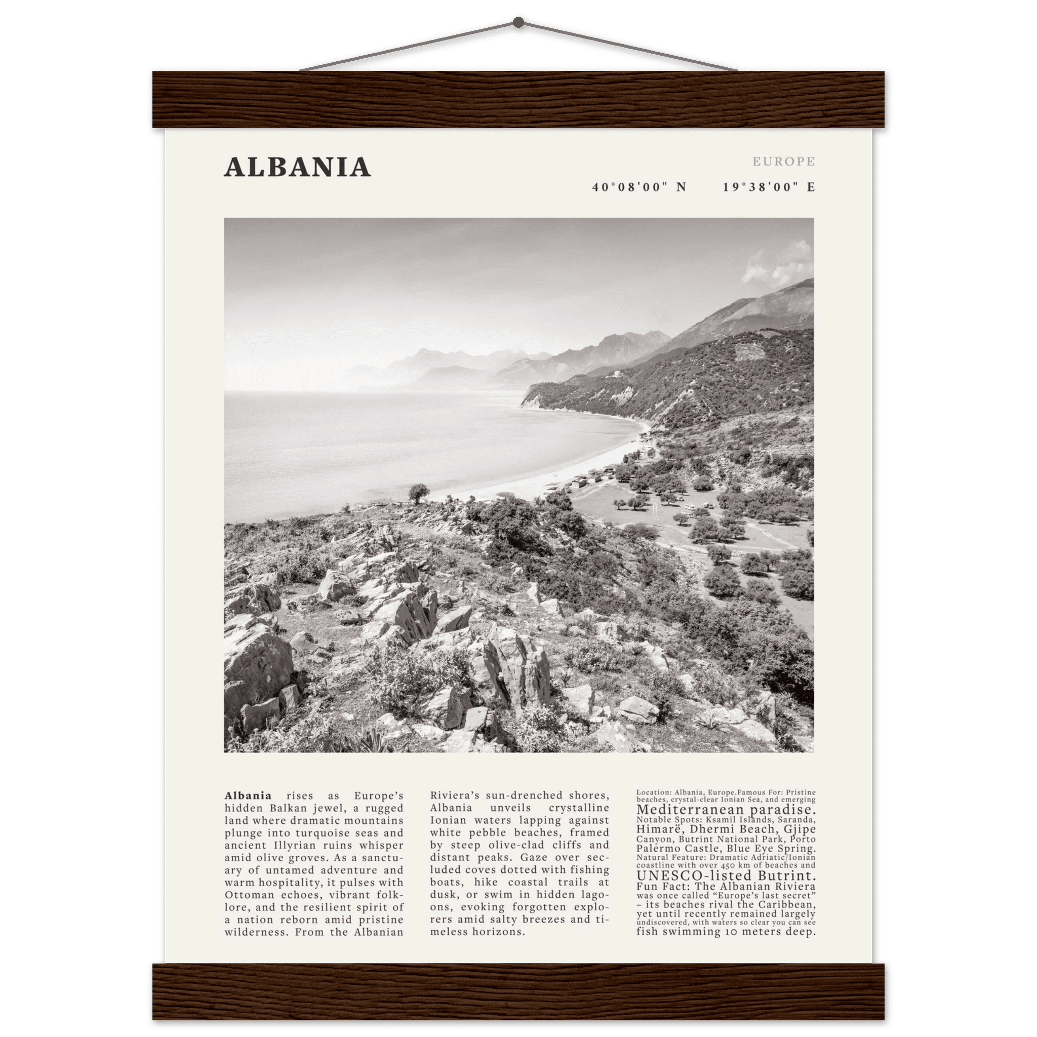 Albania Poster Black and White – Vintage Albanian Riviera Travel Print (Digital & Printed Options) - Evergreen Posters