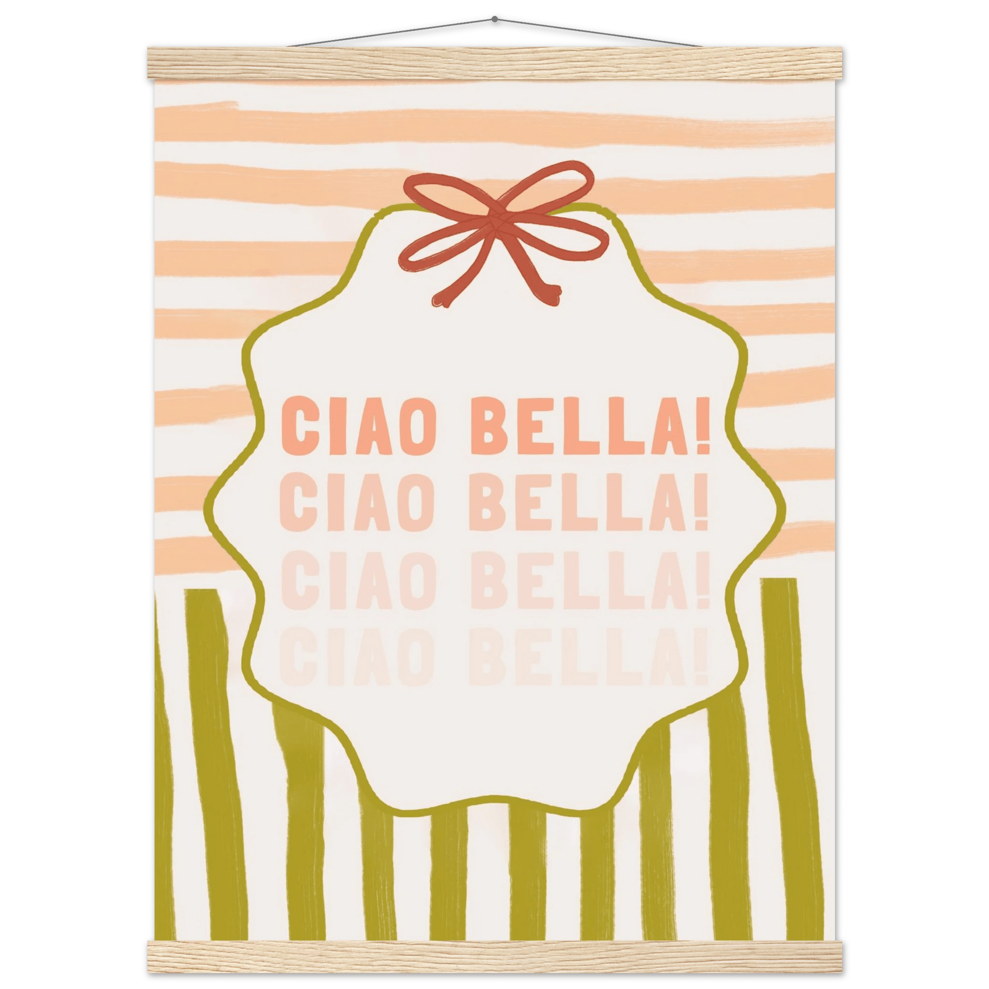 Ciao Bella Poster | Italian Typography Wall Art | Retro Stripe Bow Print | Cute Room Decor - Evergreen Posters