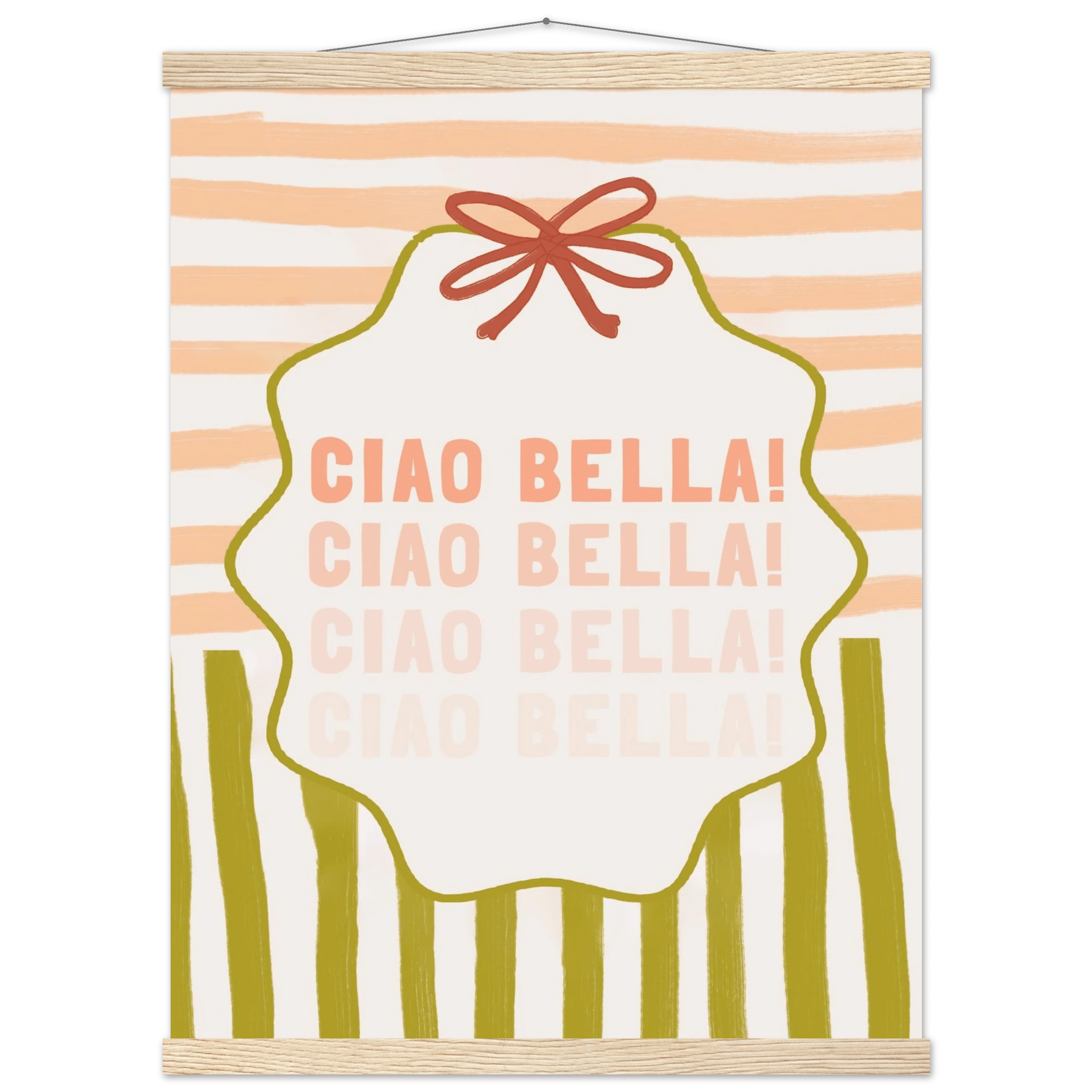 Ciao Bella Poster | Italian Typography Wall Art | Retro Stripe Bow Print | Cute Room Decor - Evergreen Posters