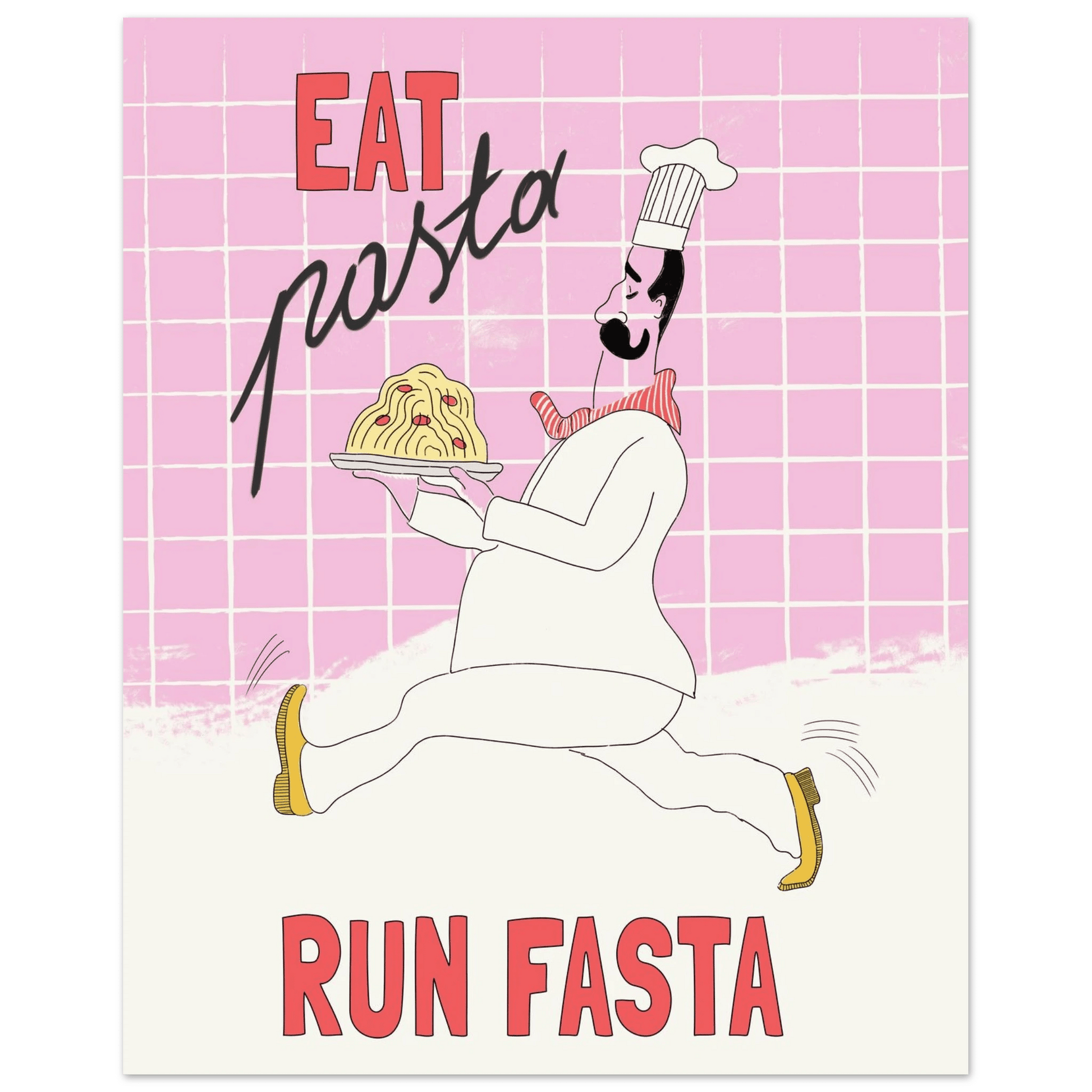 Eat Pasta Run Fasta Poster – Playful Kitchen Wall Art Print (Light Pink) - Evergreen Posters