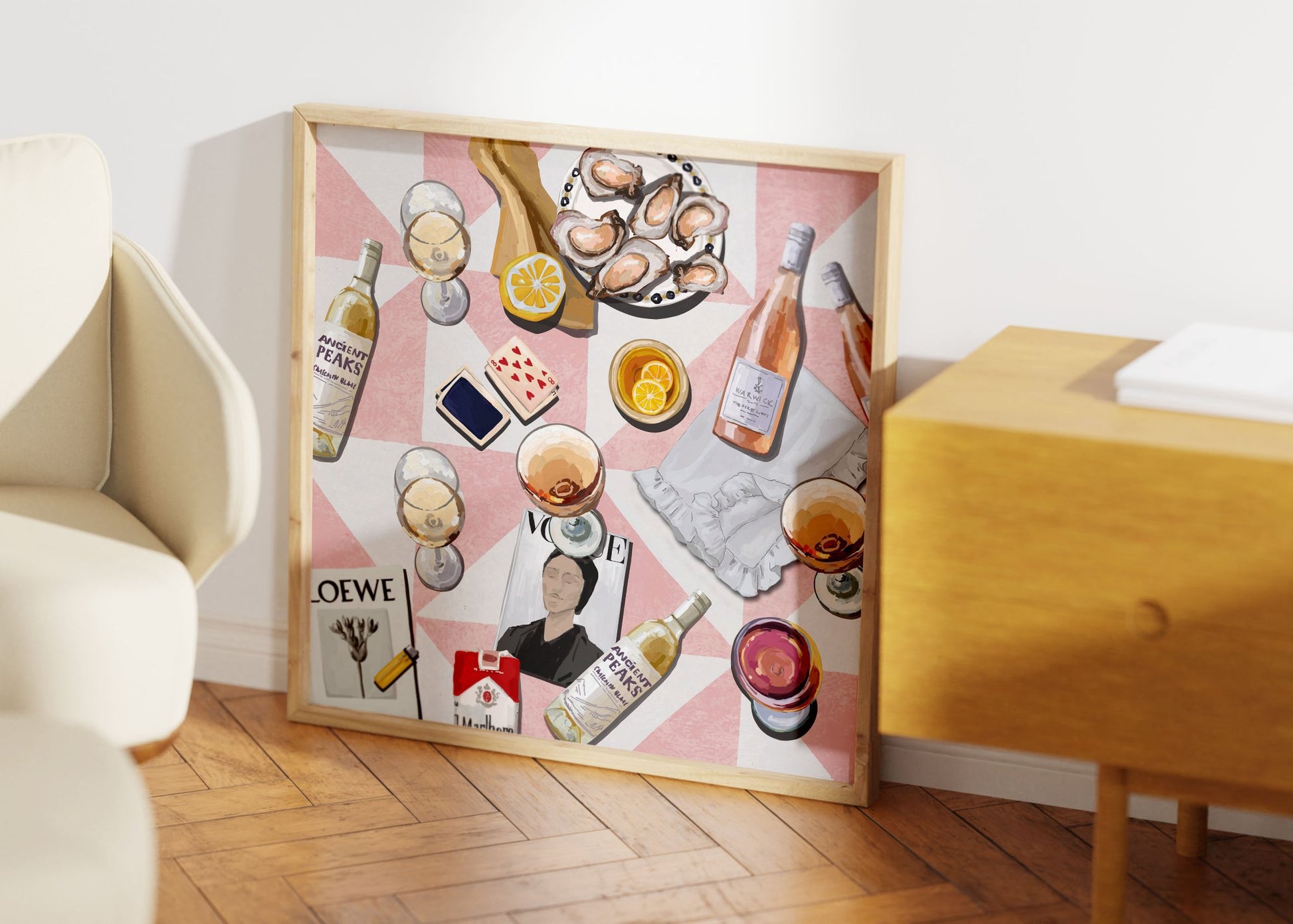 Vogue Oysters & Rosé Poster | Dopamine Decor Luxury Wall Art | Pink Tile Square Print - Evergreen Posters