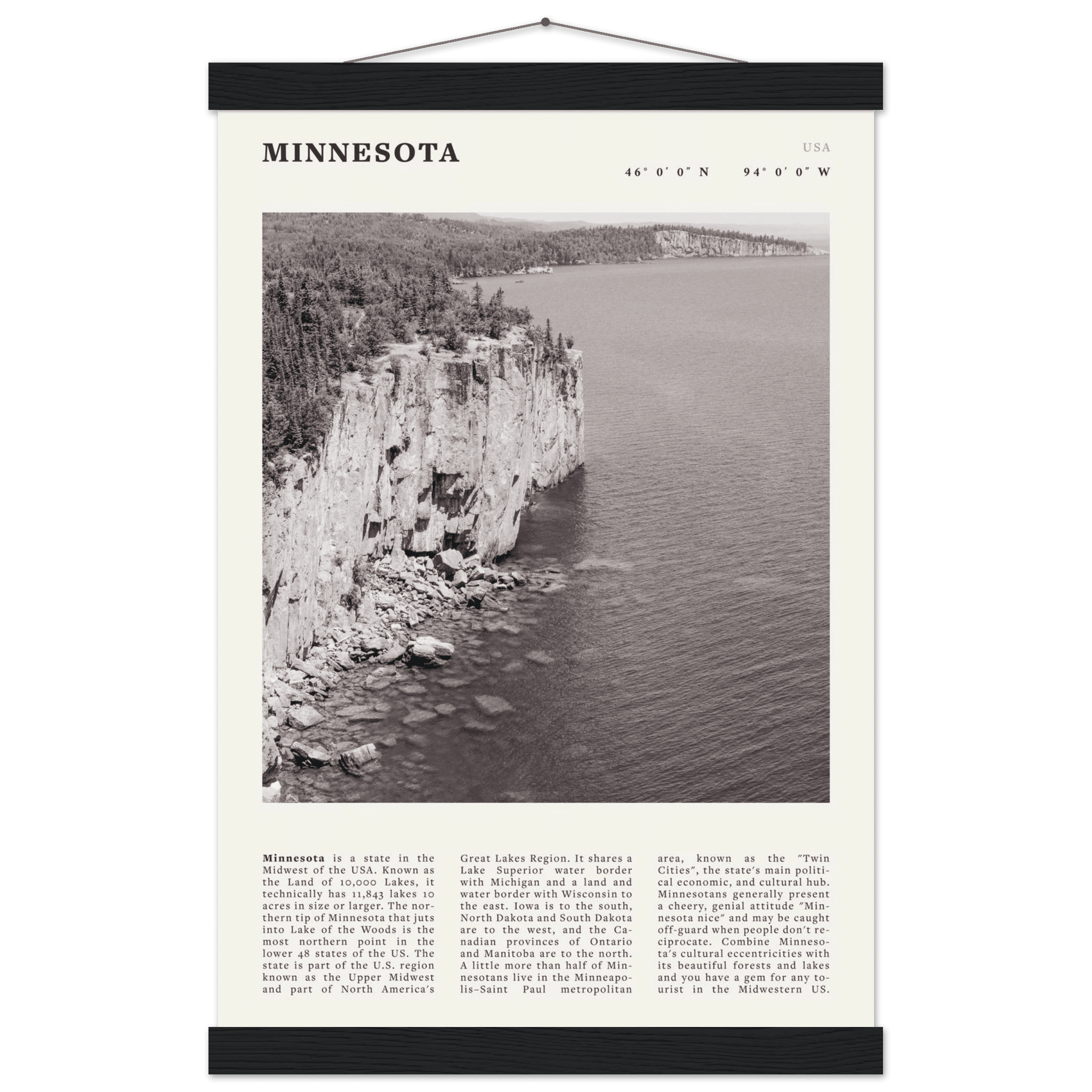 Minnesota Poster | Black & White Lake Superior Wall Art | USA Nature Travel Print - Evergreen Posters