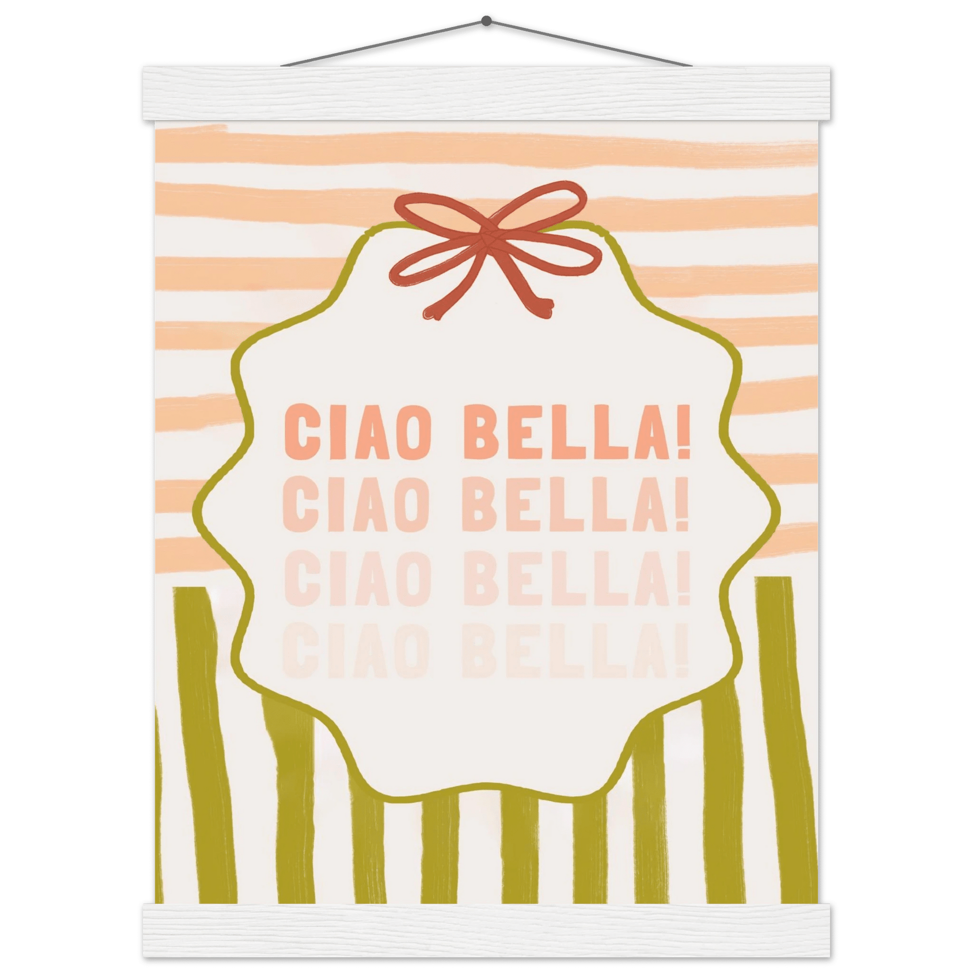Ciao Bella Poster | Italian Typography Wall Art | Retro Stripe Bow Print | Cute Room Decor - Evergreen Posters