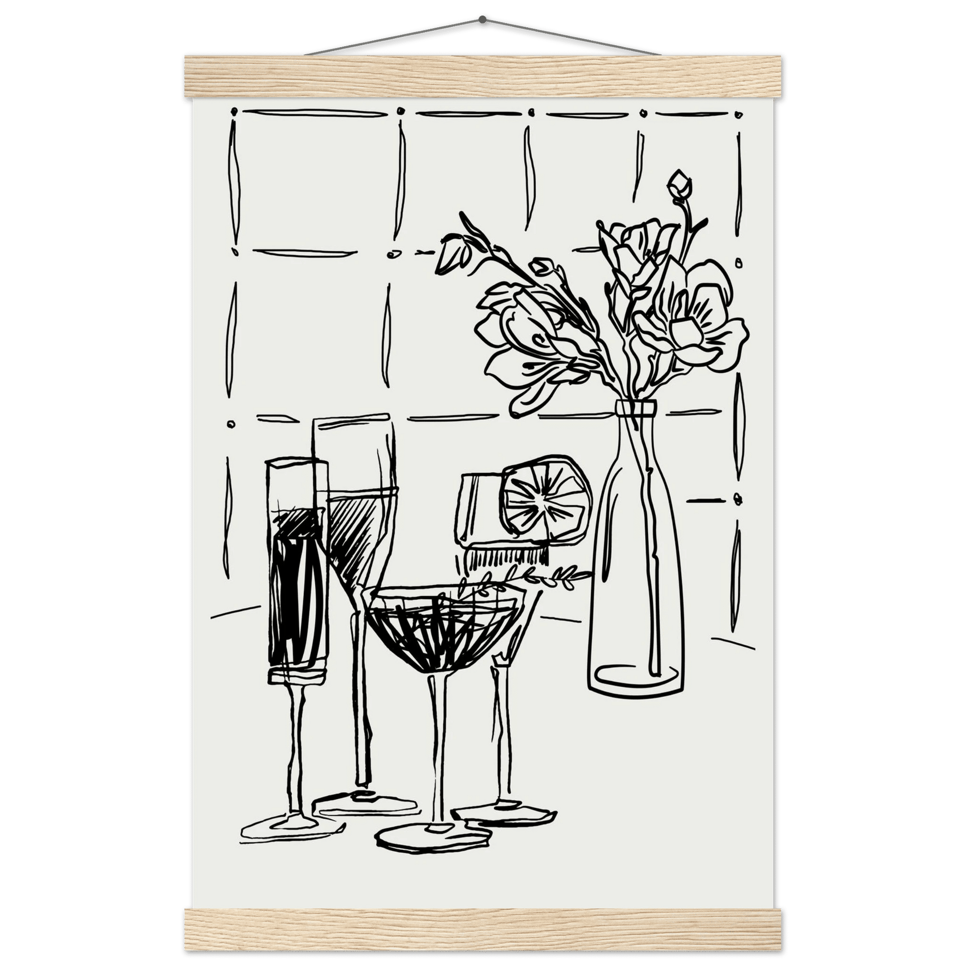Cocktails & Flowers Print | Black Line Art Drinks Wall Art | Kitchen Bar Poster - Evergreen Posters