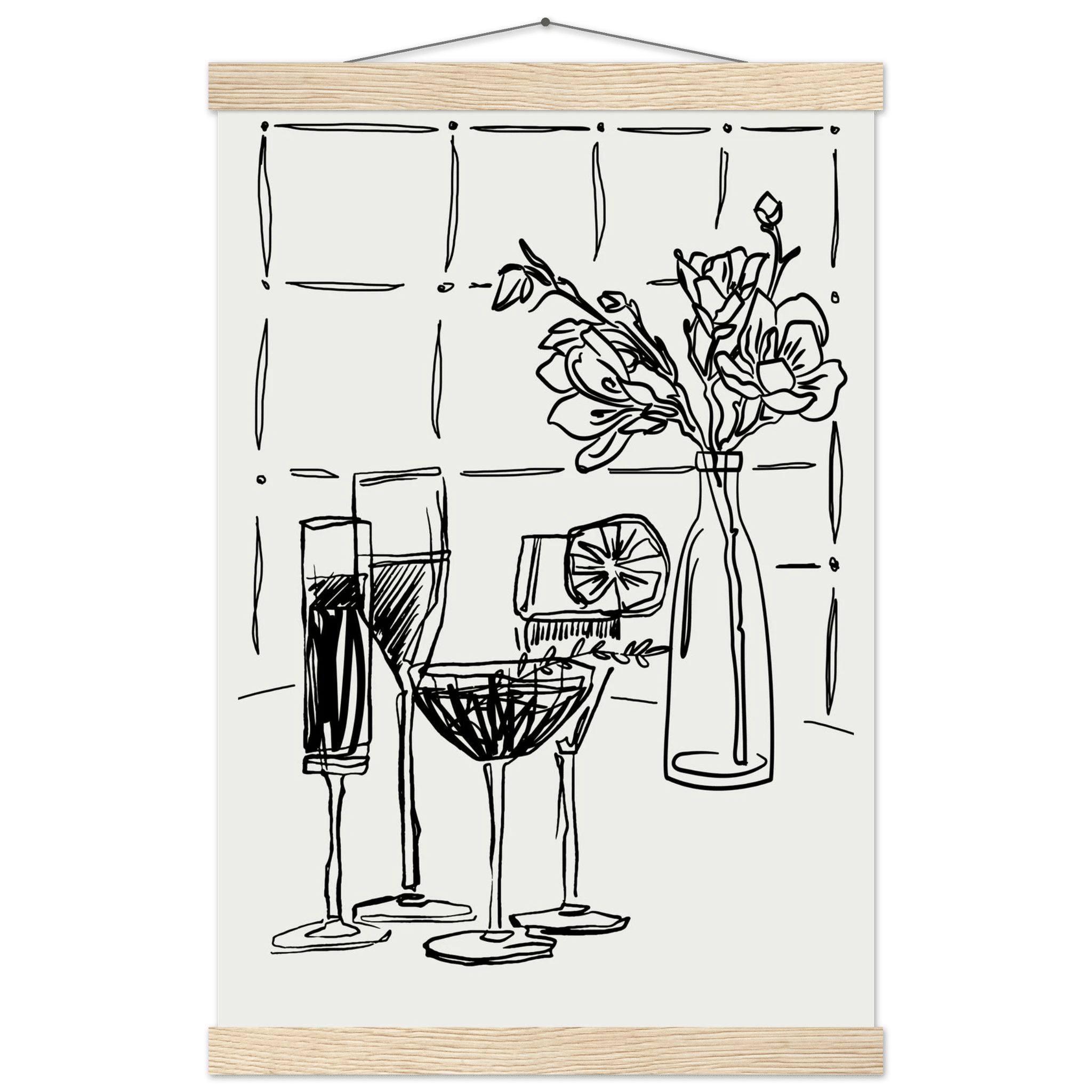 Cocktails & Flowers Print | Black Line Art Drinks Wall Art | Kitchen Bar Poster - Evergreen Posters
