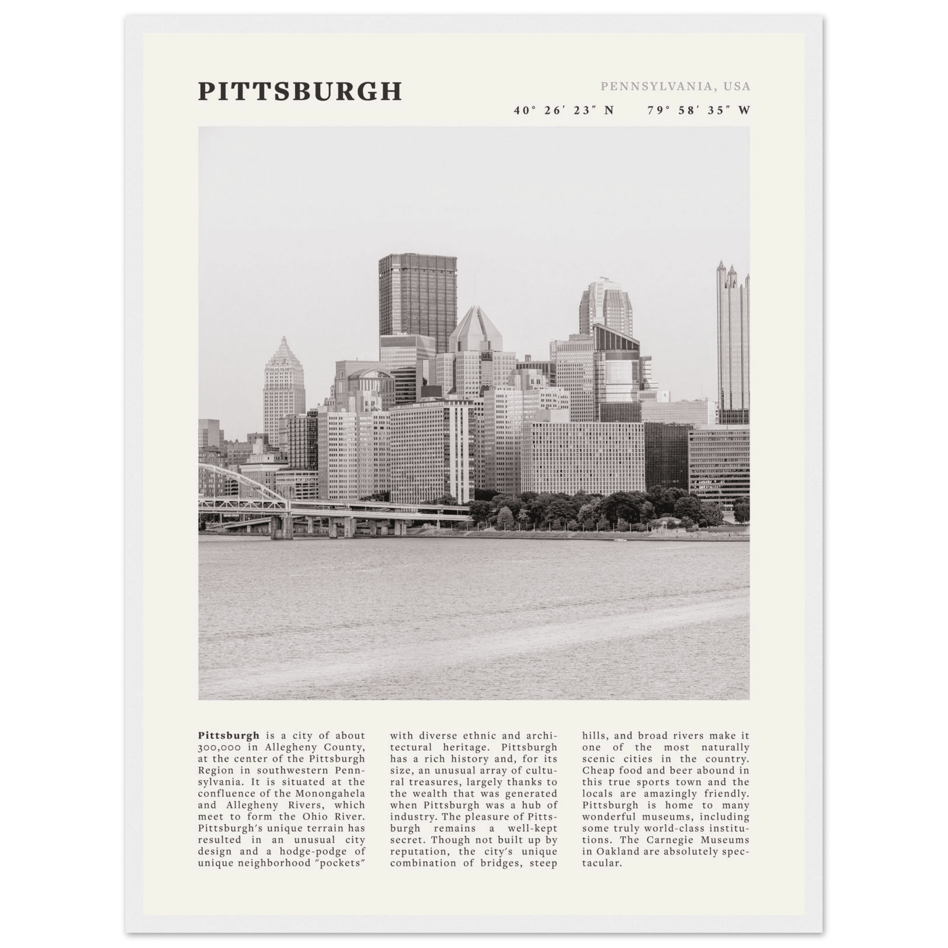 Pittsburgh Poster | Black & White Pennsylvania Skyline Wall Art | PA Travel Print - Evergreen Posters