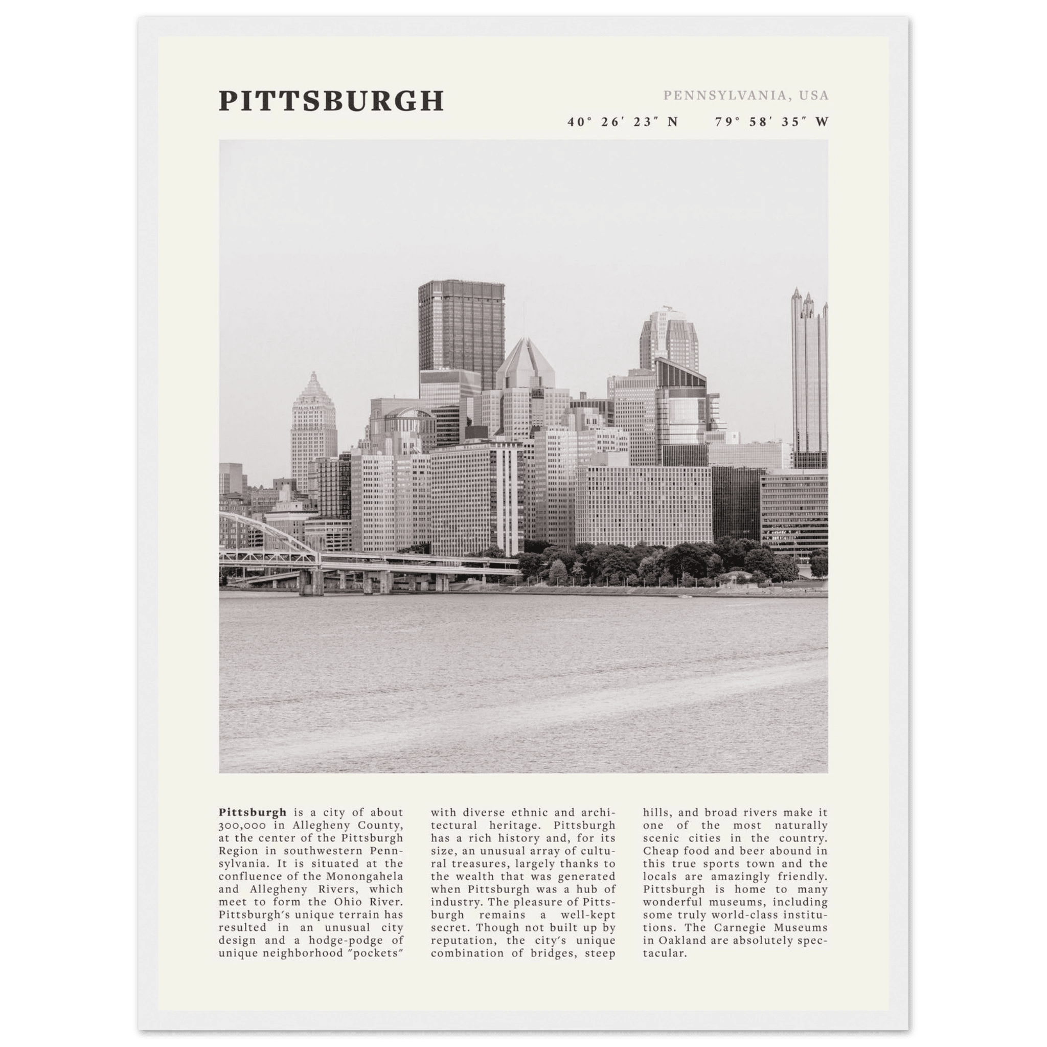 Pittsburgh Poster | Black & White Pennsylvania Skyline Wall Art | PA Travel Print - Evergreen Posters