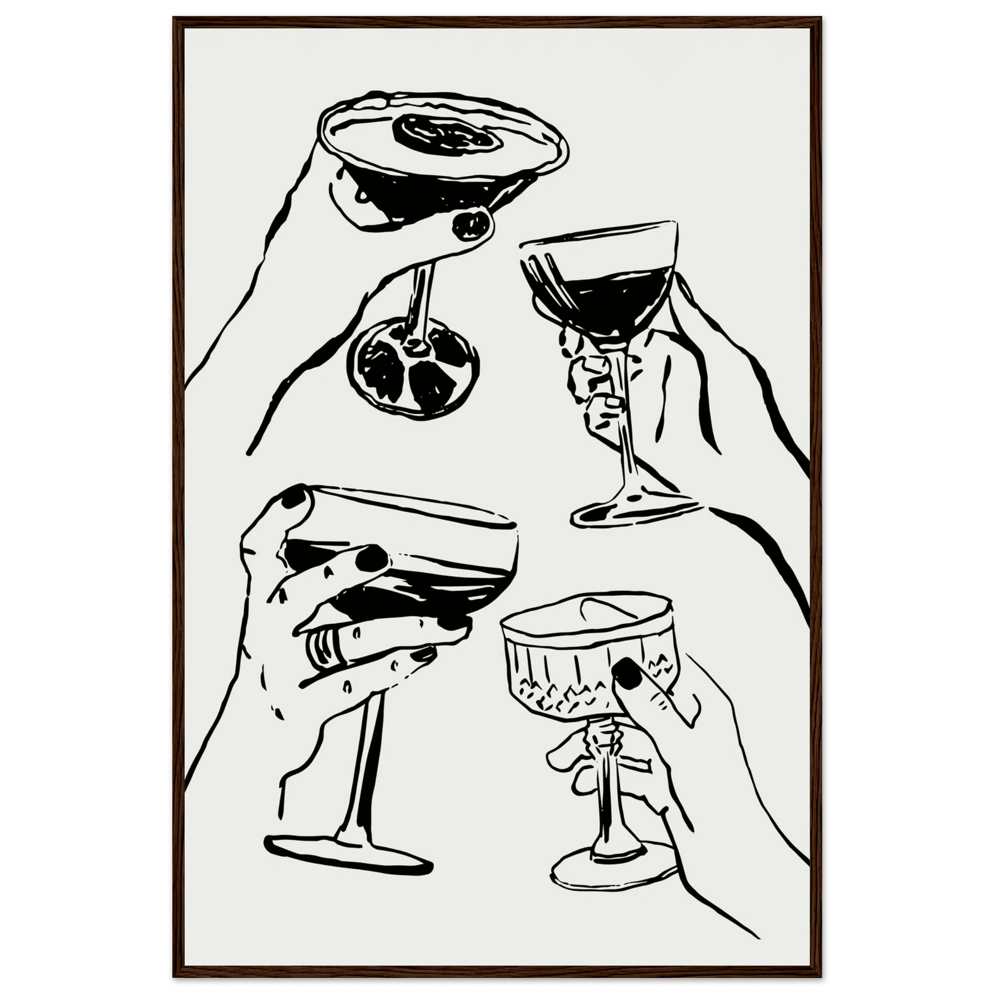 Cheers Print | Black Line Art Cocktail Glasses Wall Art | Kitchen Bar Poster - Evergreen Posters
