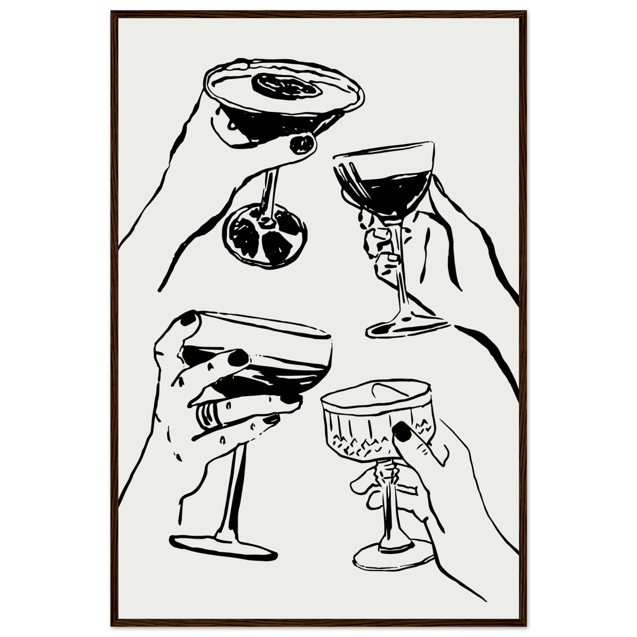 Cheers Print | Black Line Art Cocktail Glasses Wall Art | Kitchen Bar Poster - Evergreen Posters
