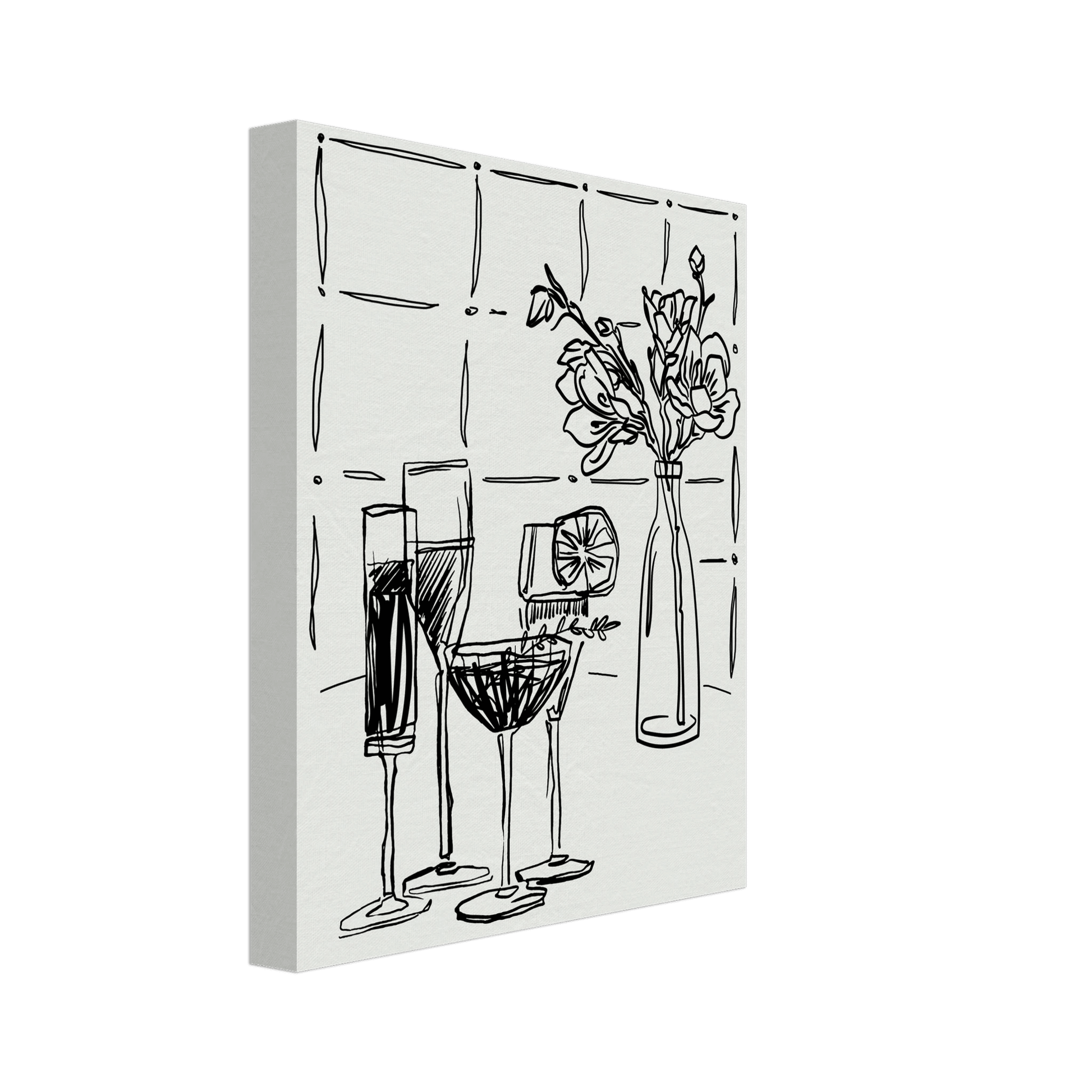 Cocktails & Flowers Print | Black Line Art Drinks Wall Art | Kitchen Bar Poster - Evergreen Posters