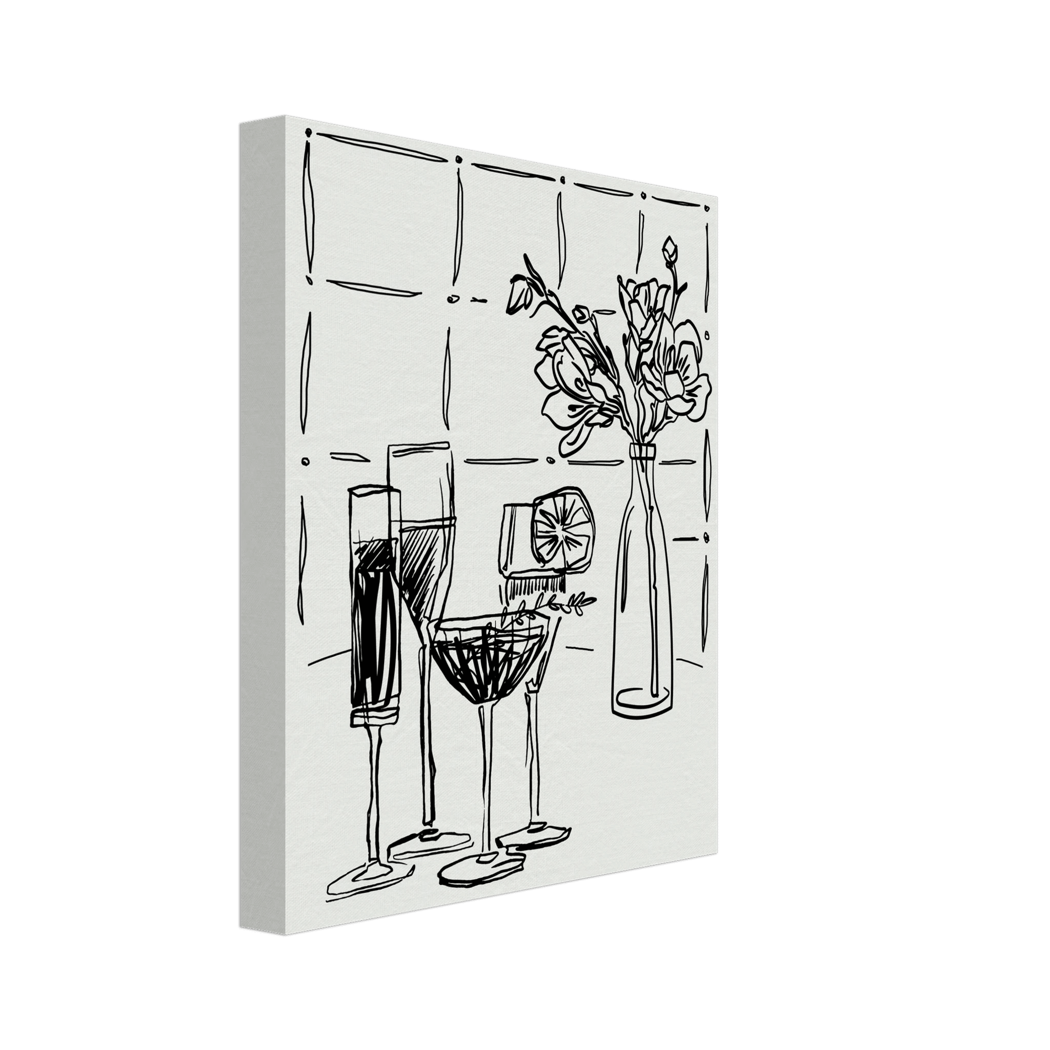 Cocktails & Flowers Print | Black Line Art Drinks Wall Art | Kitchen Bar Poster - Evergreen Posters