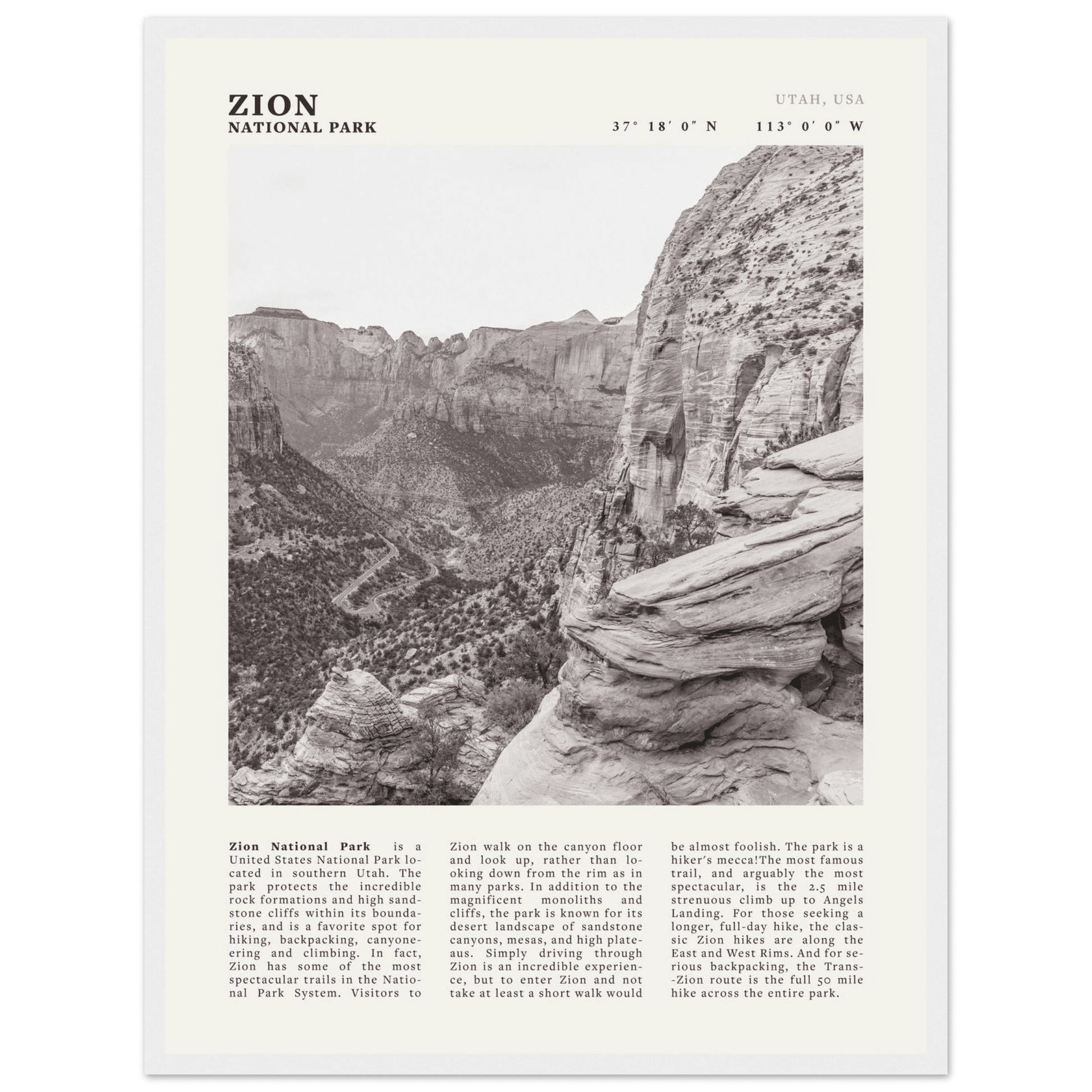 Zion National Park Poster | Black & White Utah Canyon Wall Art | USA Travel Print - Evergreen Posters