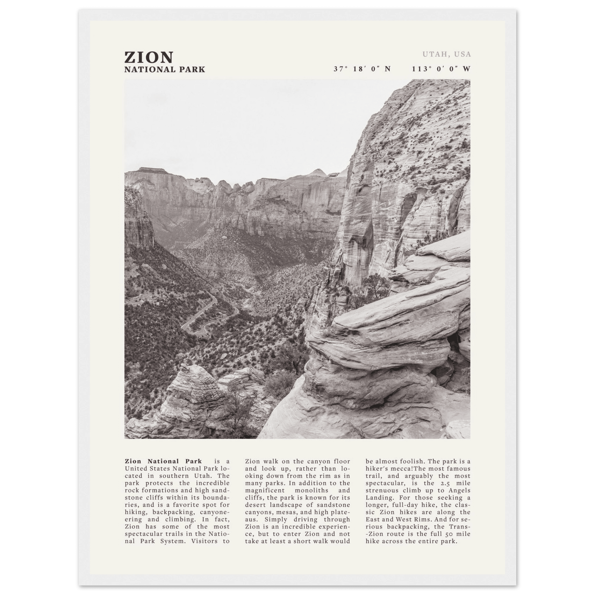 Zion National Park Poster | Black & White Utah Canyon Wall Art | USA Travel Print - Evergreen Posters