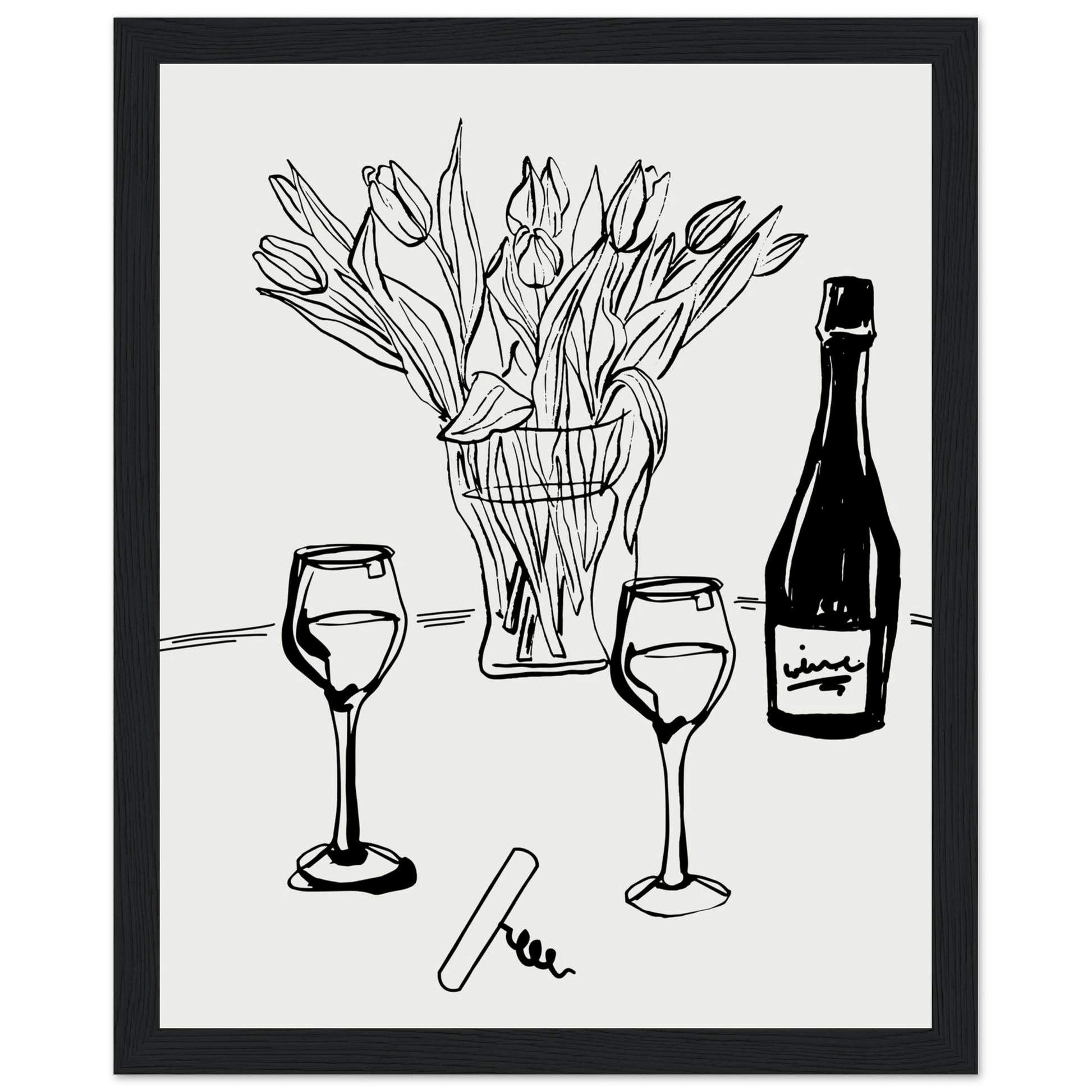 Wine & Tulips Print | Black Line Art Wine Bottle Wall Art | Minimalist Kitchen Poster - Evergreen Posters