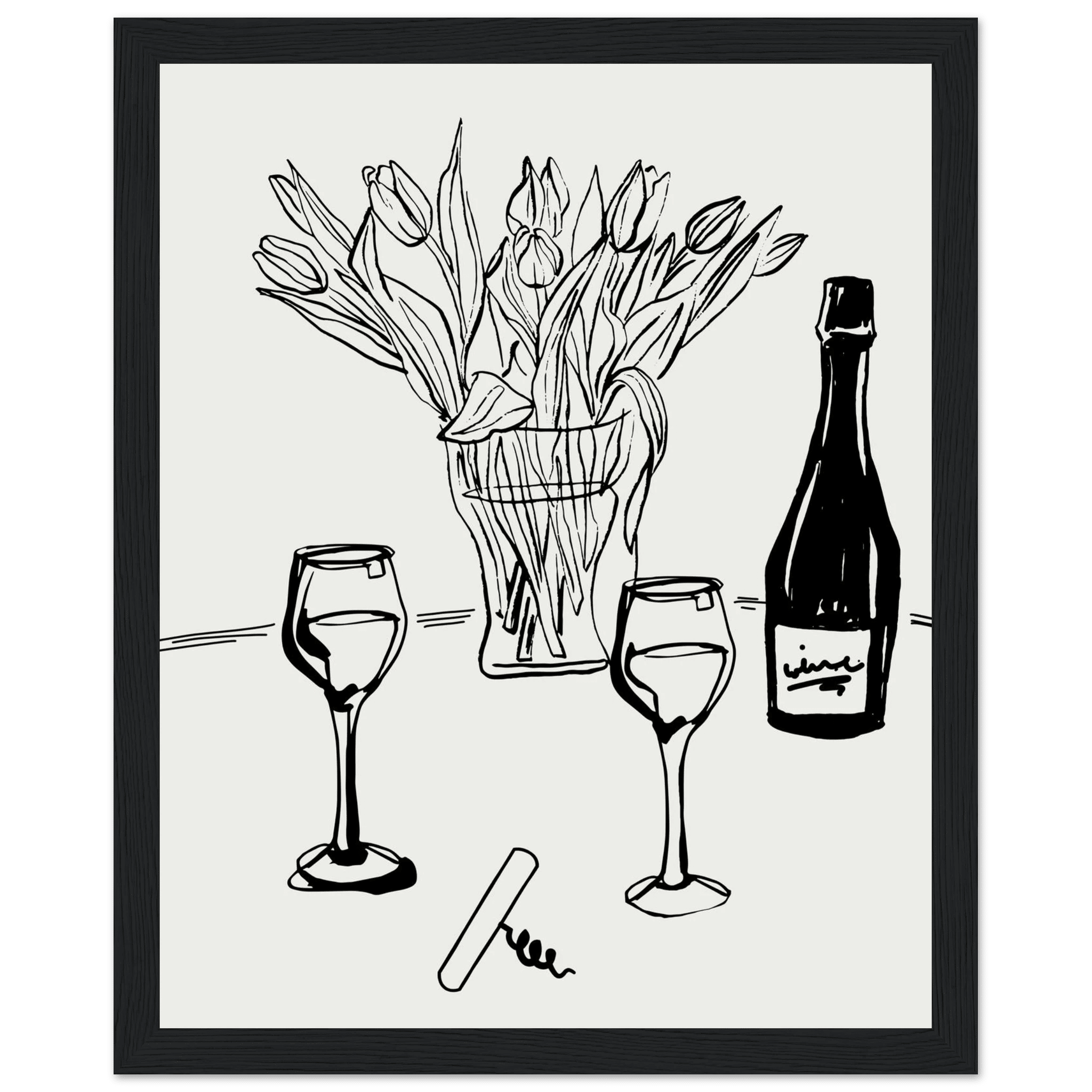 Wine & Tulips Print | Black Line Art Wine Bottle Wall Art | Minimalist Kitchen Poster - Evergreen Posters