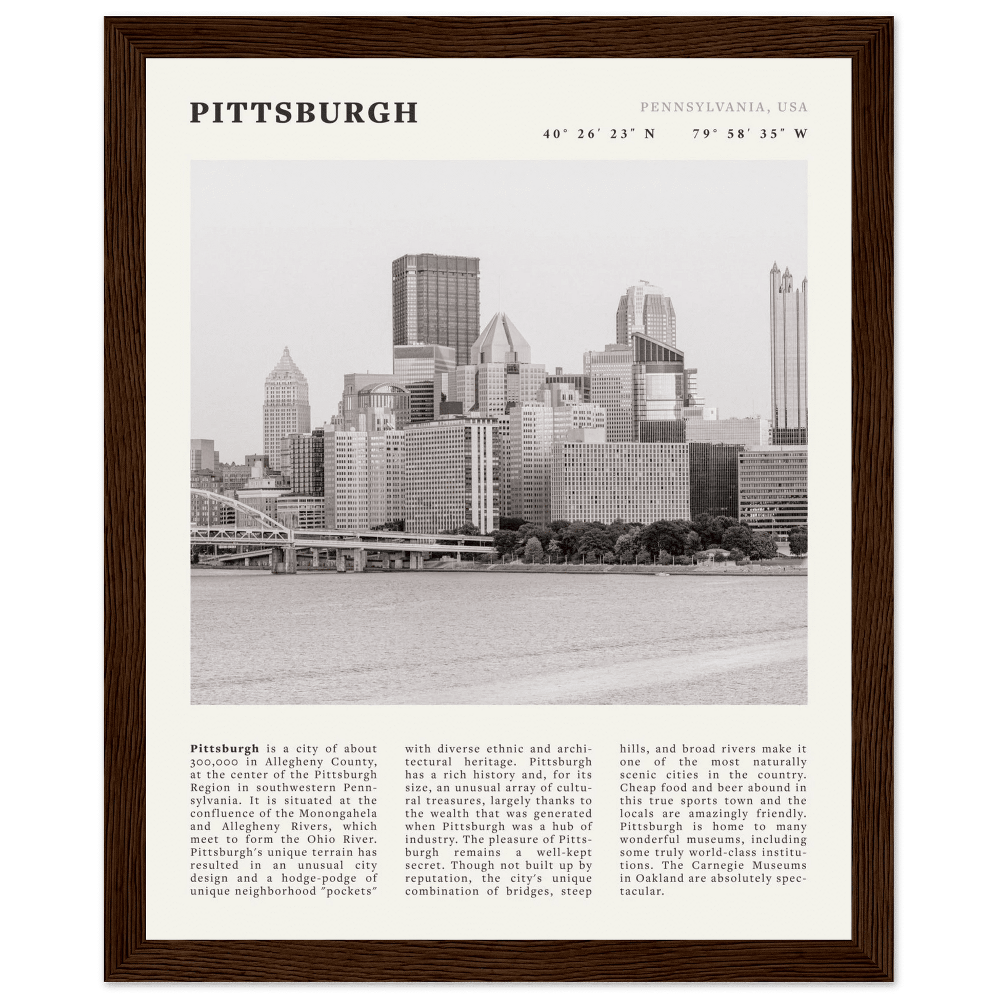Pittsburgh Poster | Black & White Pennsylvania Skyline Wall Art | PA Travel Print - Evergreen Posters