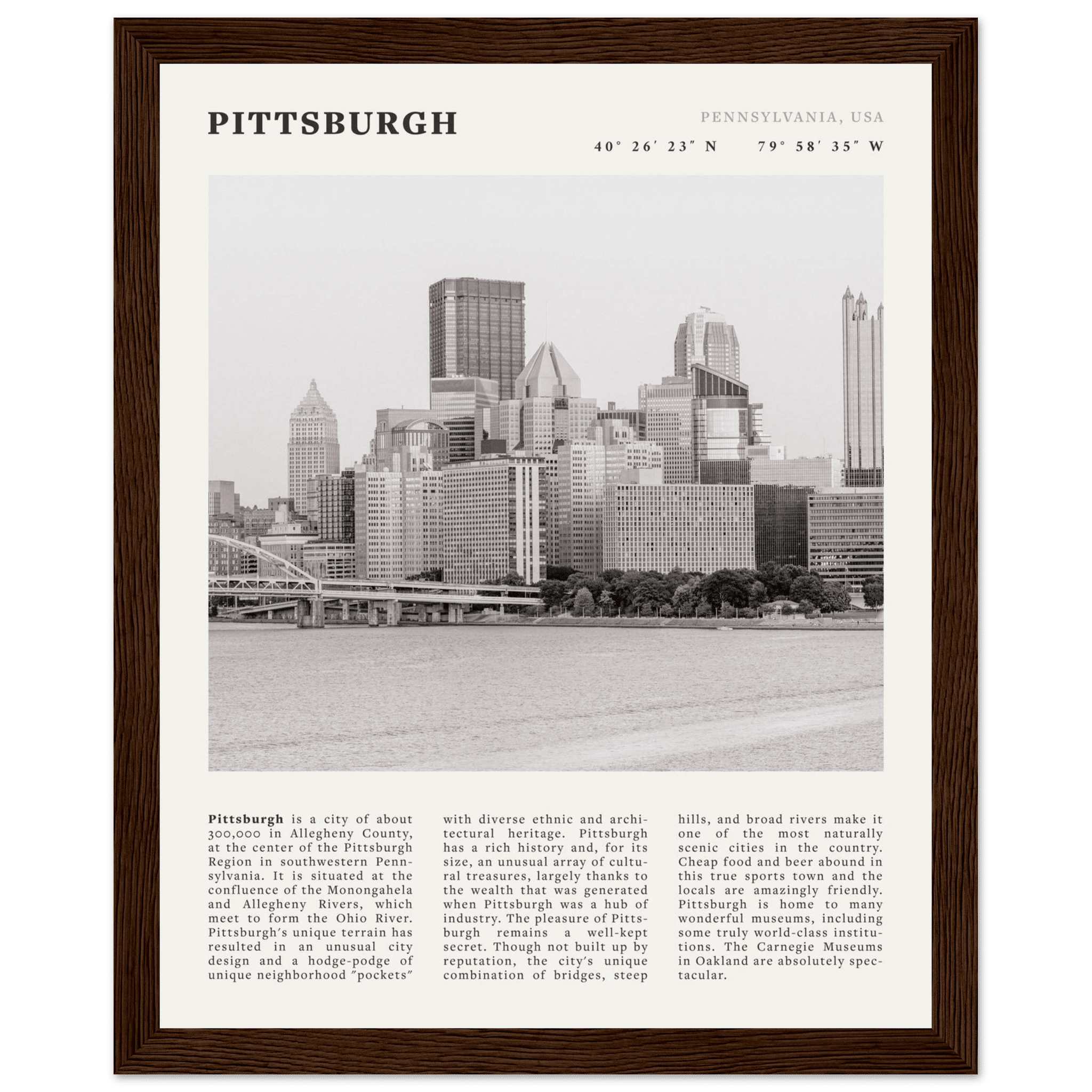 Pittsburgh Poster | Black & White Pennsylvania Skyline Wall Art | PA Travel Print - Evergreen Posters