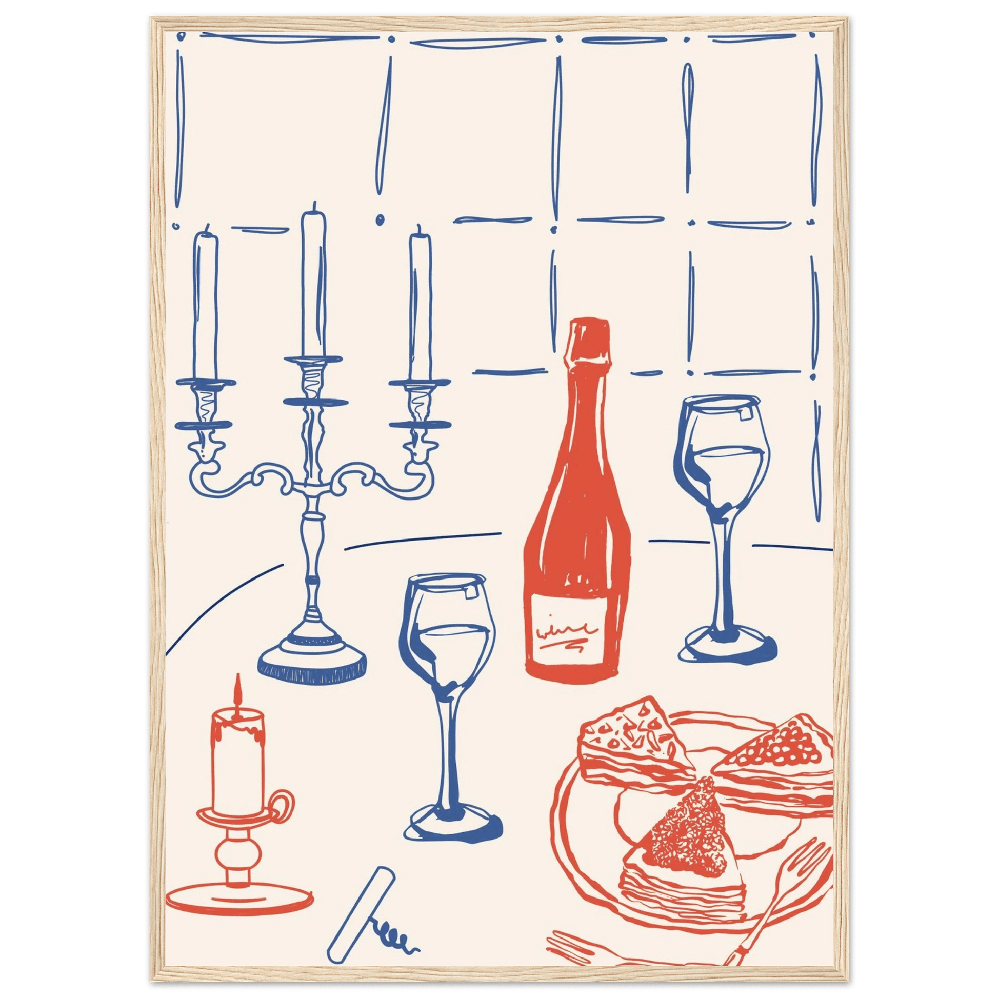 Candlelight Dinner Print | Wine & Candelabra Line Art Wall Art | Kitchen Poster - Evergreen Posters