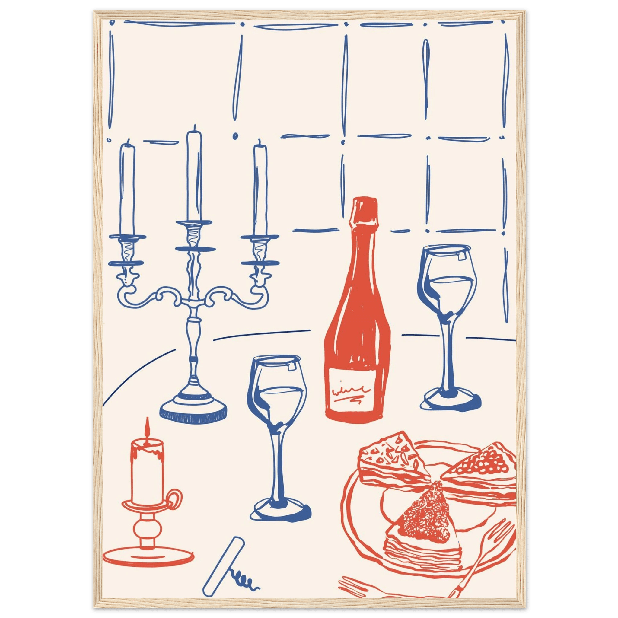 Candlelight Dinner Print | Wine & Candelabra Line Art Wall Art | Kitchen Poster - Evergreen Posters