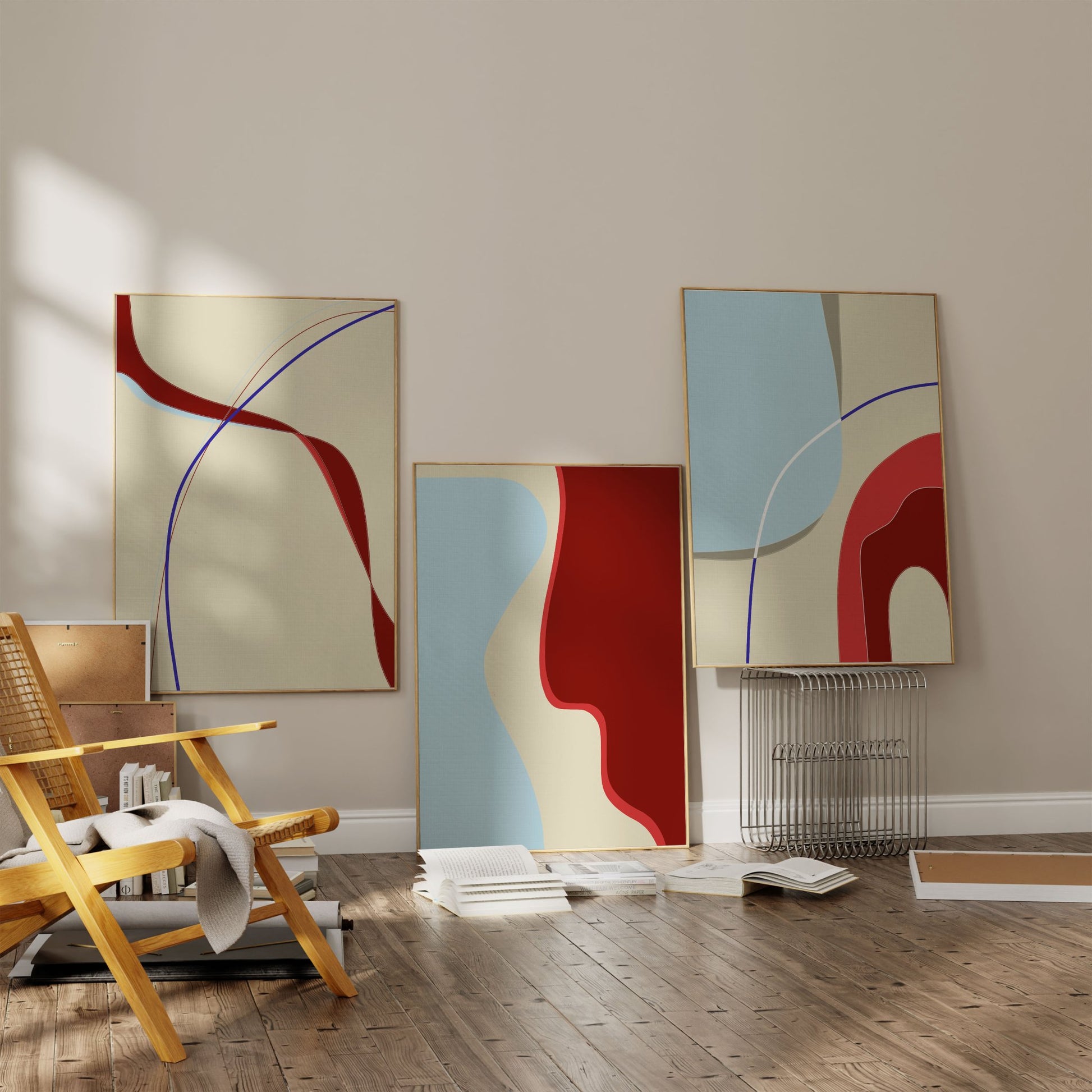 Set of 3 Abstract Prints | Red Blue Cream Modern Wall Art | Living Room Poster Set - Evergreen Posters
