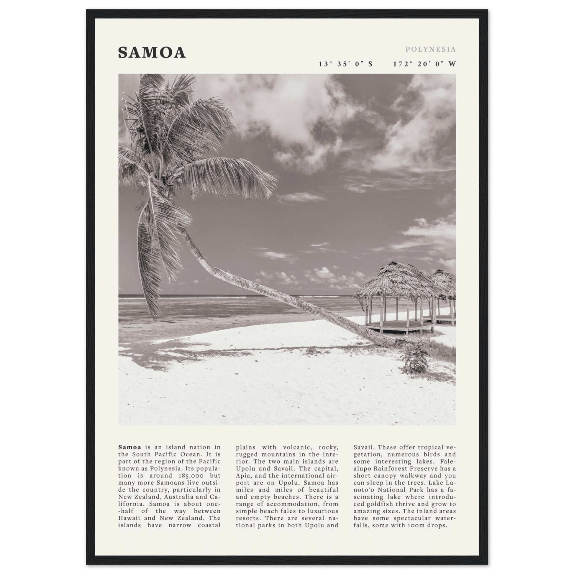 Samoa Poster | Black & White South Pacific Beach Wall Art | Polynesia Travel Print - Evergreen Posters
