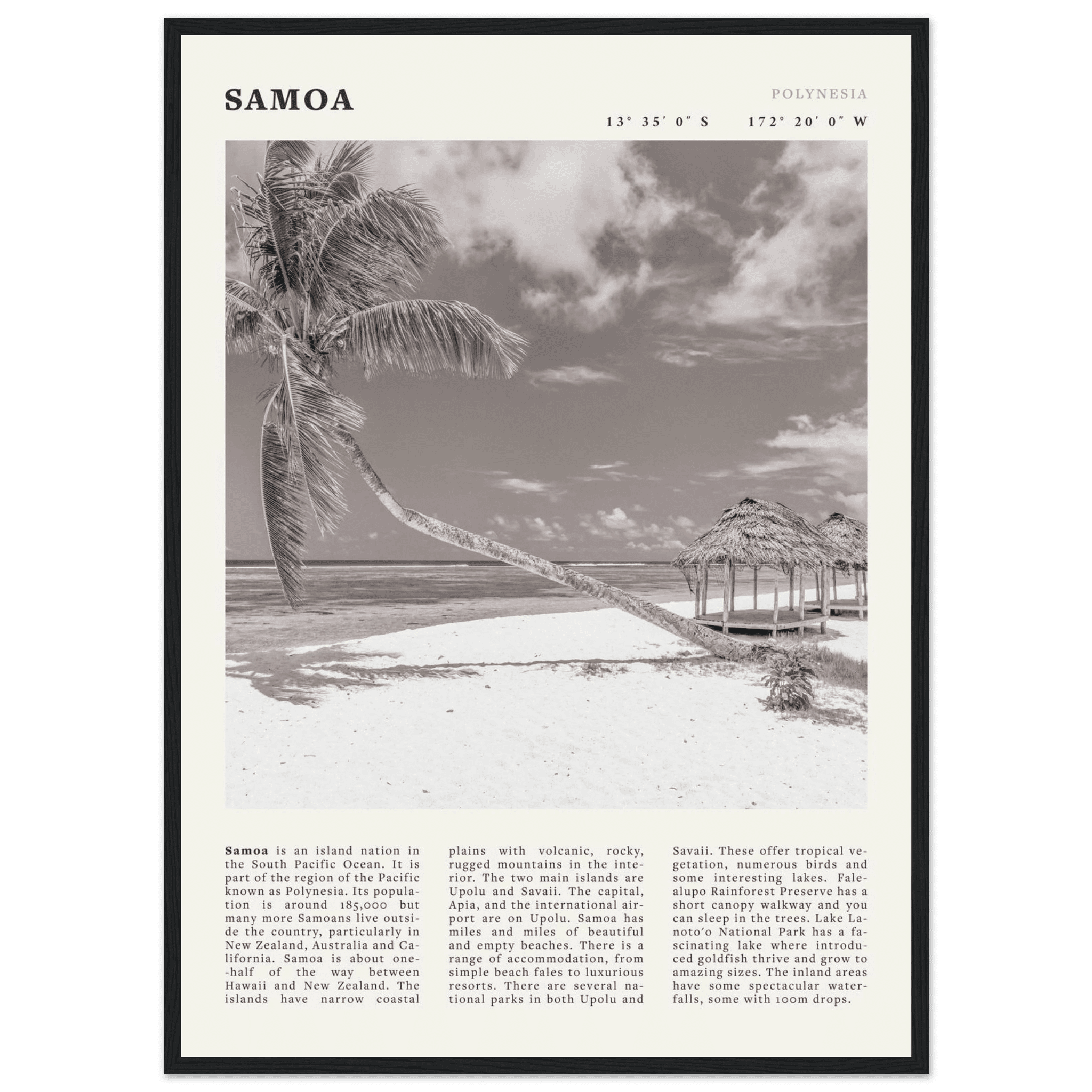Samoa Poster | Black & White South Pacific Beach Wall Art | Polynesia Travel Print - Evergreen Posters