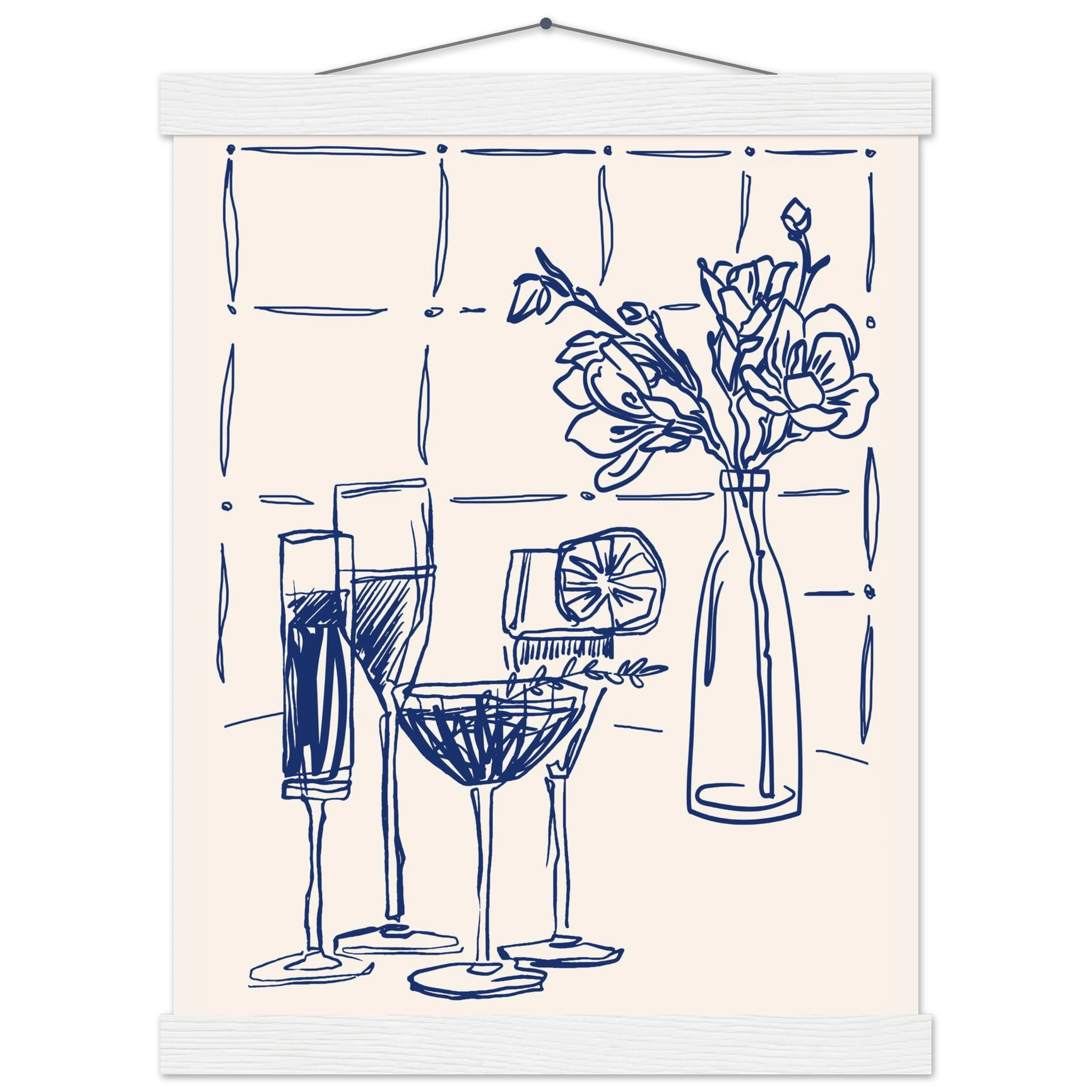 Cocktails & Flowers Print | Navy Blue Line Art Drinks Wall Art | Kitchen Bar Poster - Evergreen Posters