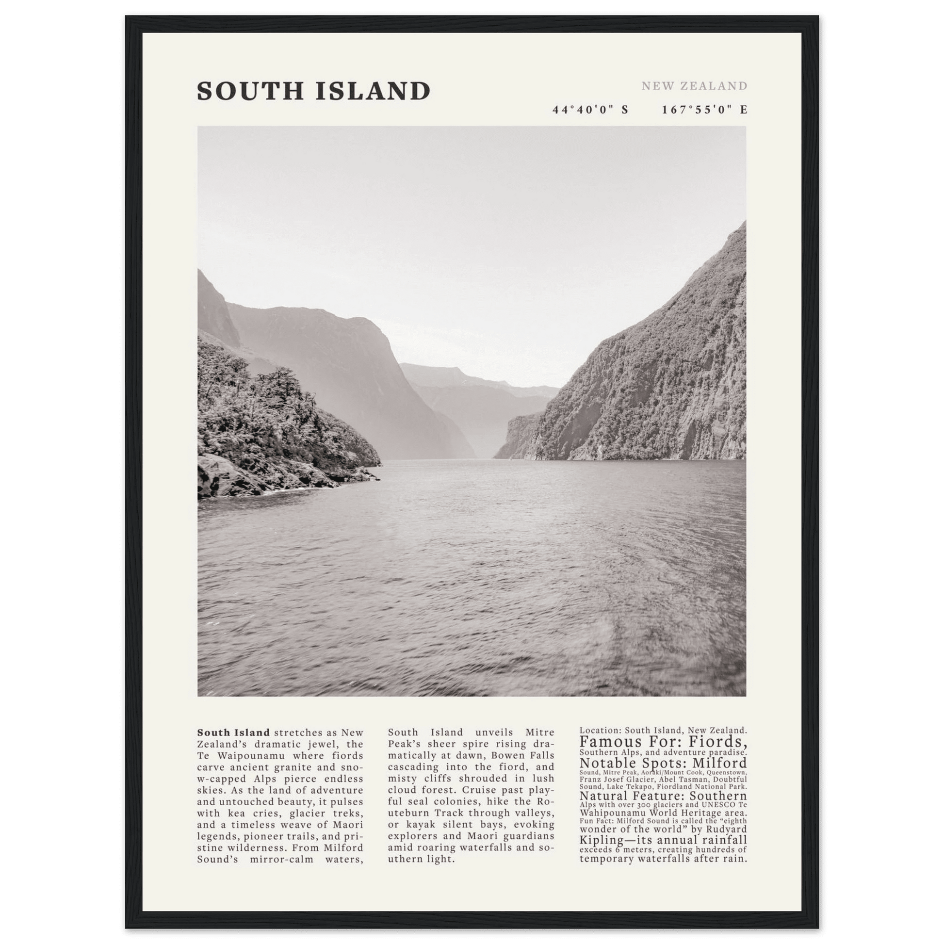 South Island New Zealand Poster Black and White – Vintage Milford Sound Fjord Print - Evergreen Posters