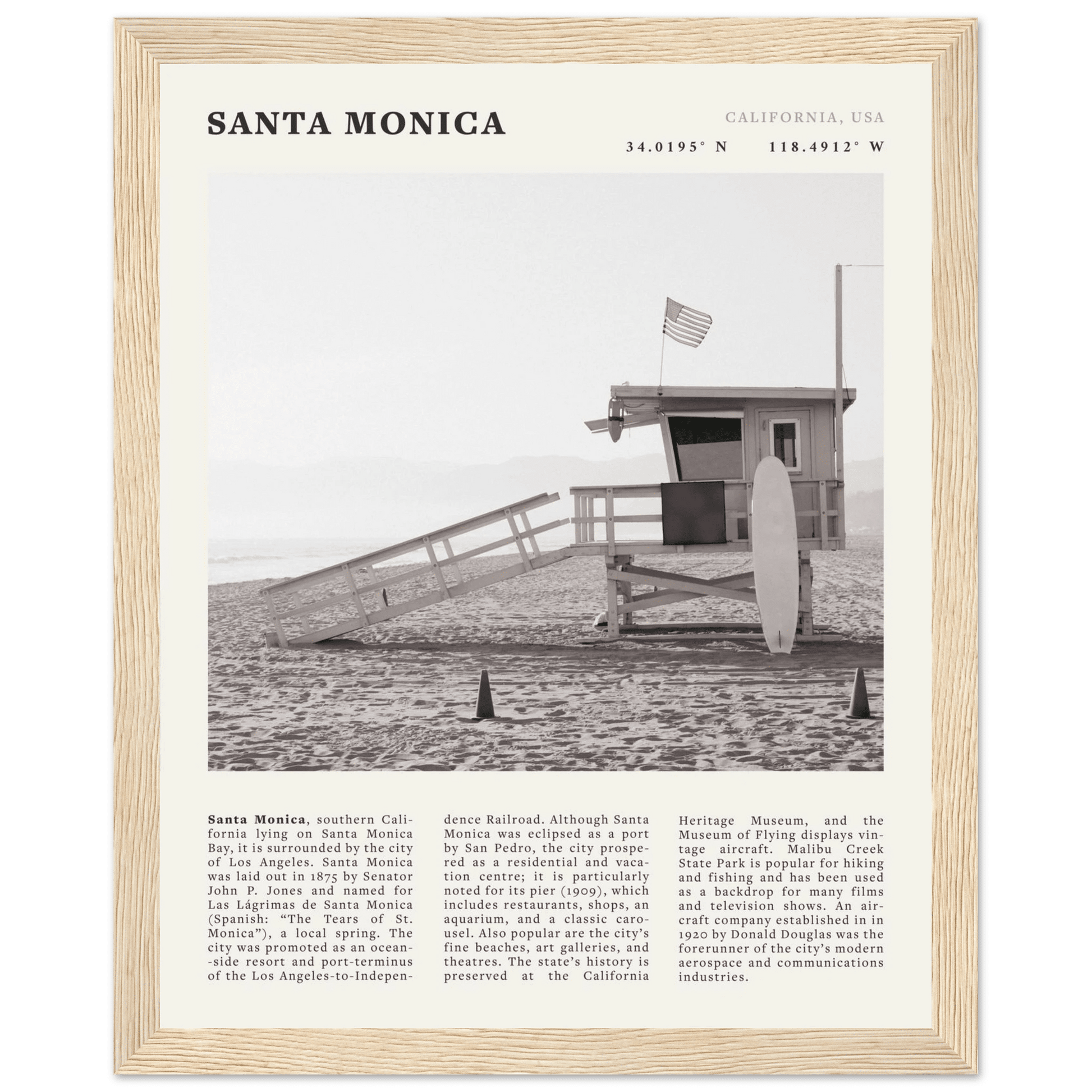 Santa Monica Poster | Black & White California Wall Art | Beach Travel Print | Coastal Decor - Evergreen Posters