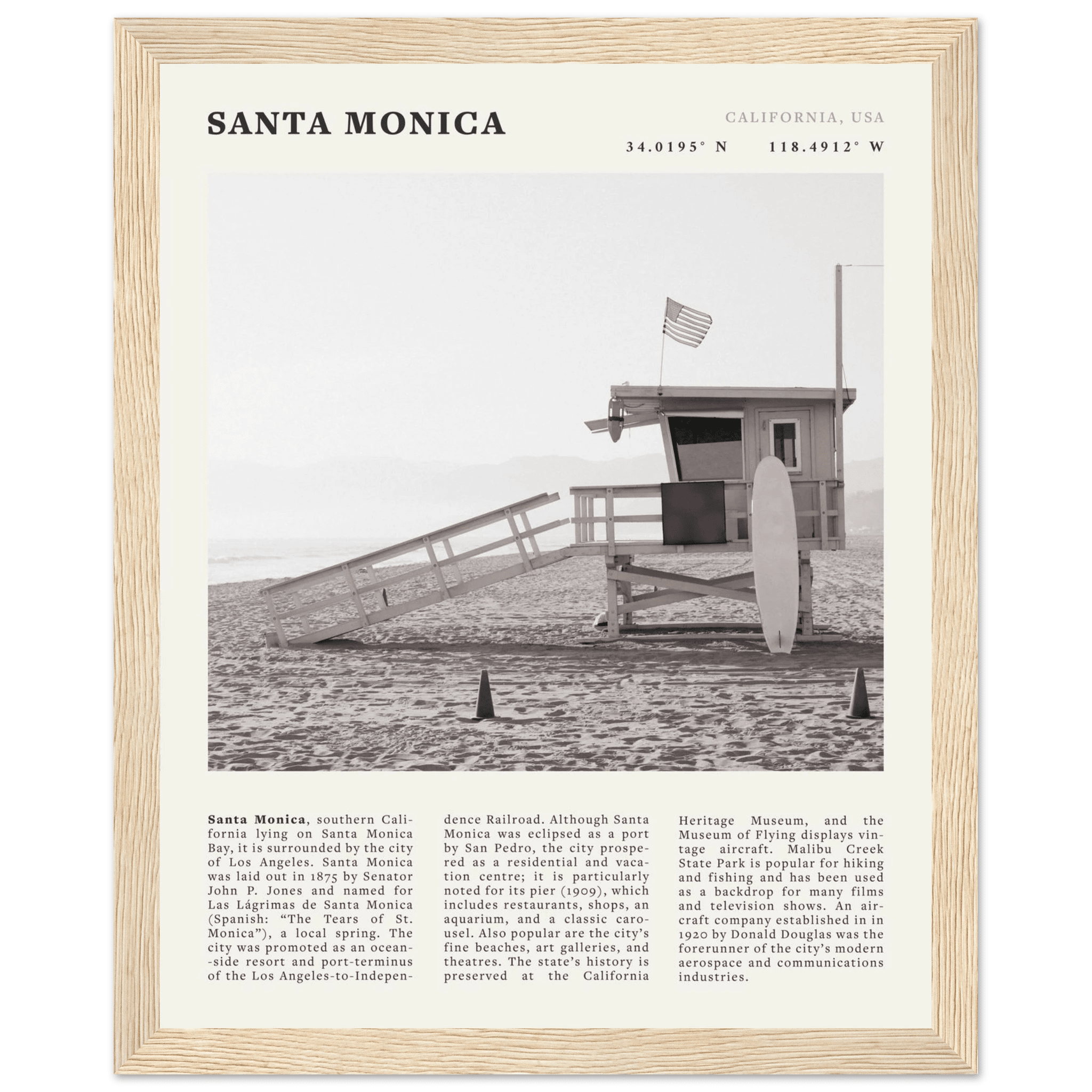 Santa Monica Poster | Black & White California Wall Art | Beach Travel Print | Coastal Decor - Evergreen Posters